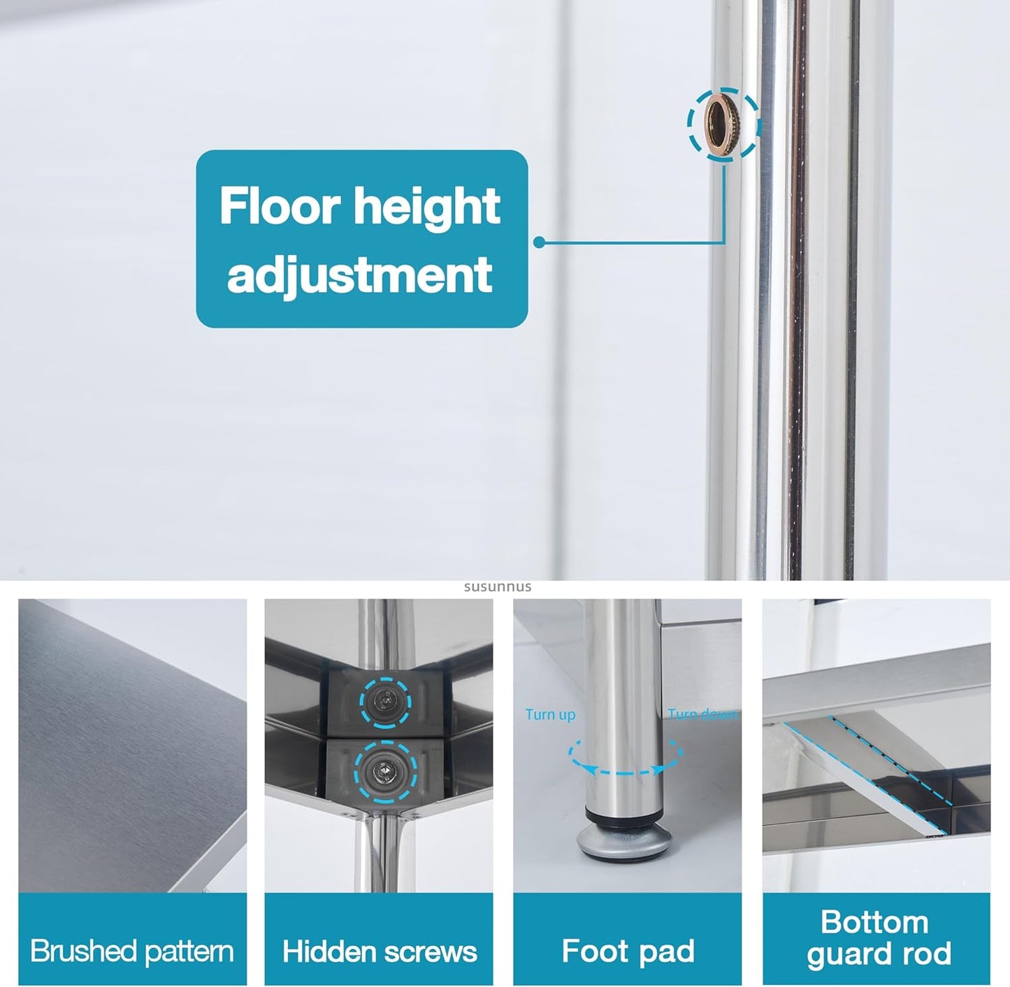susunnus 5-Tier Stainless Steel Shelf, Heavy Duty Shelving for Kitchen, Garage, Industrial Storage, Kitchen Shelves with Guardrails, Adjustable Feet, Easy to Clean