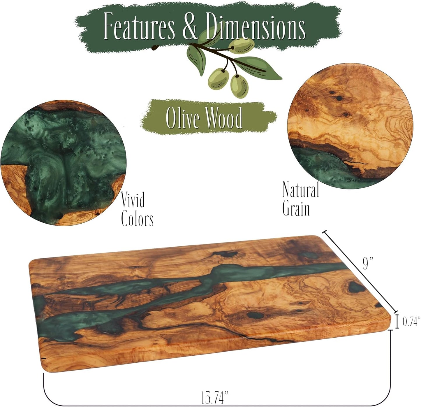 Handmade Epoxy Cutting Board & Charcuterie Board - Decorative, Olive Wood Boards for Serving Cheese, Fruit, Meat - Ideal for Kitchen, Unique Housewarming Gift - Emerald Resin