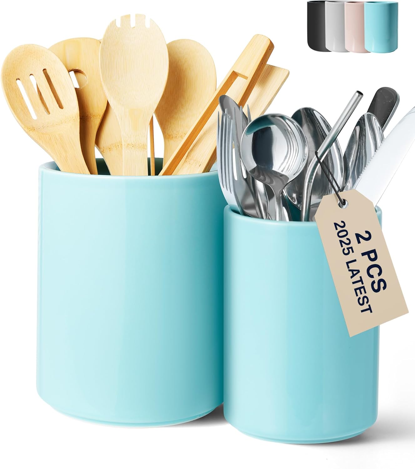 Set of 2 Utensil Holder, 7"+5" Ceramic Kitchen Utensil Holder for Countertop, Large Cooking Utensil Crocks for Counter, Morden Utensil Organizer for Spatula, Kitchen Decor (Blue)