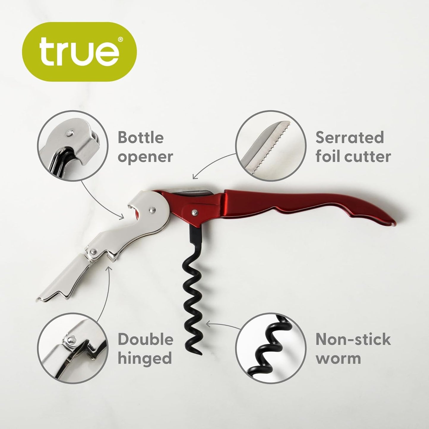 True Brands TrueTap Double Hinged Waiters Corkscrew, Top-notch Stainless Steel Opener with Foil Cutter Built to Last Wine Key Metallic Red, Set of 1 (Pack of 2)