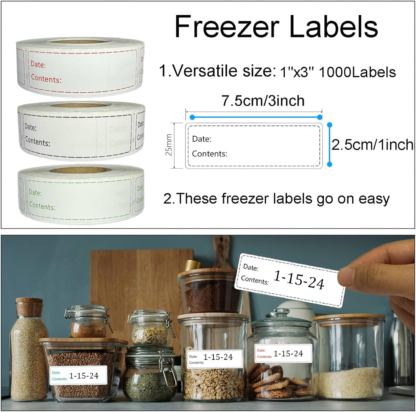 1000pcs Freezer Labels,1x3 inch for Food containers,Food Labels Quick and Easy to Remove- Easy to Write on(Black)
