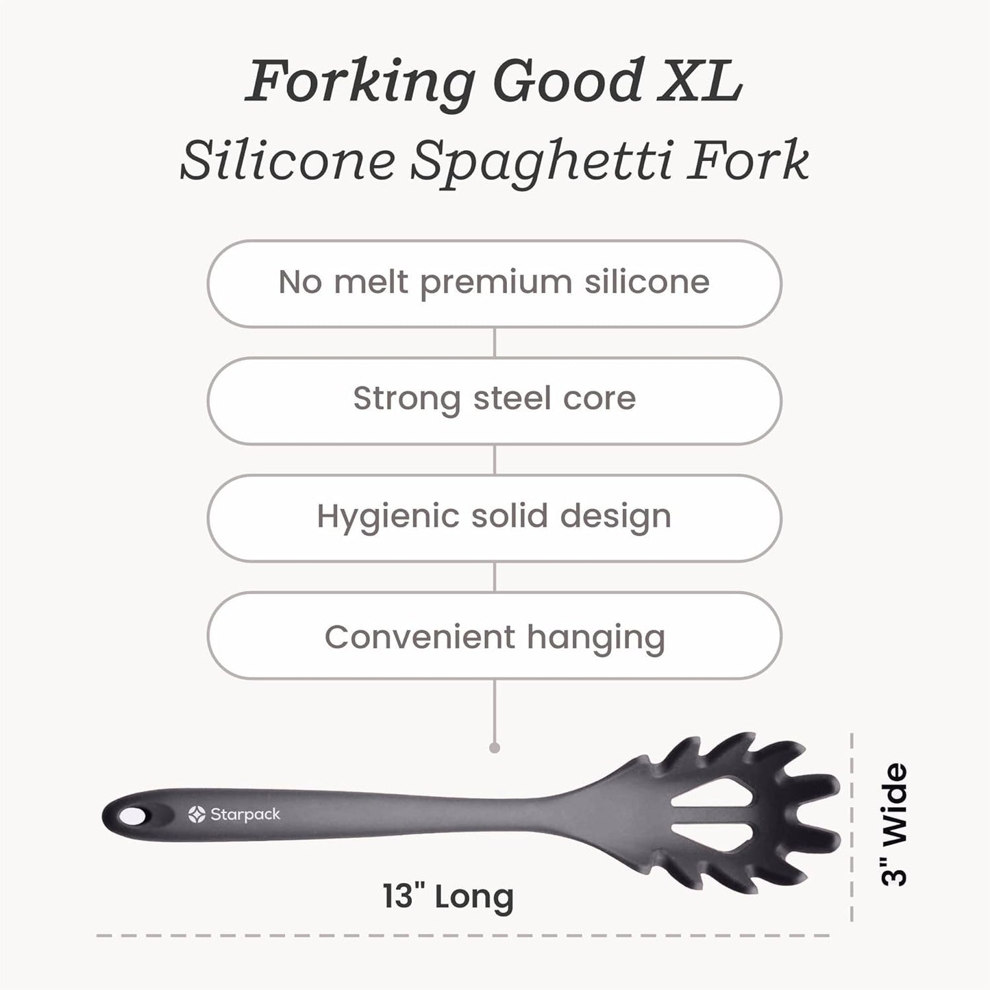 Starpack XL Premium Silicone Pasta Fork (13.5") - Spaghetti Spoon High Heat Resistant to 600°F - Silicone Pasta Spoon Strainer - Pasta Server Spoon with Teeth - Pasta Server Utensil
