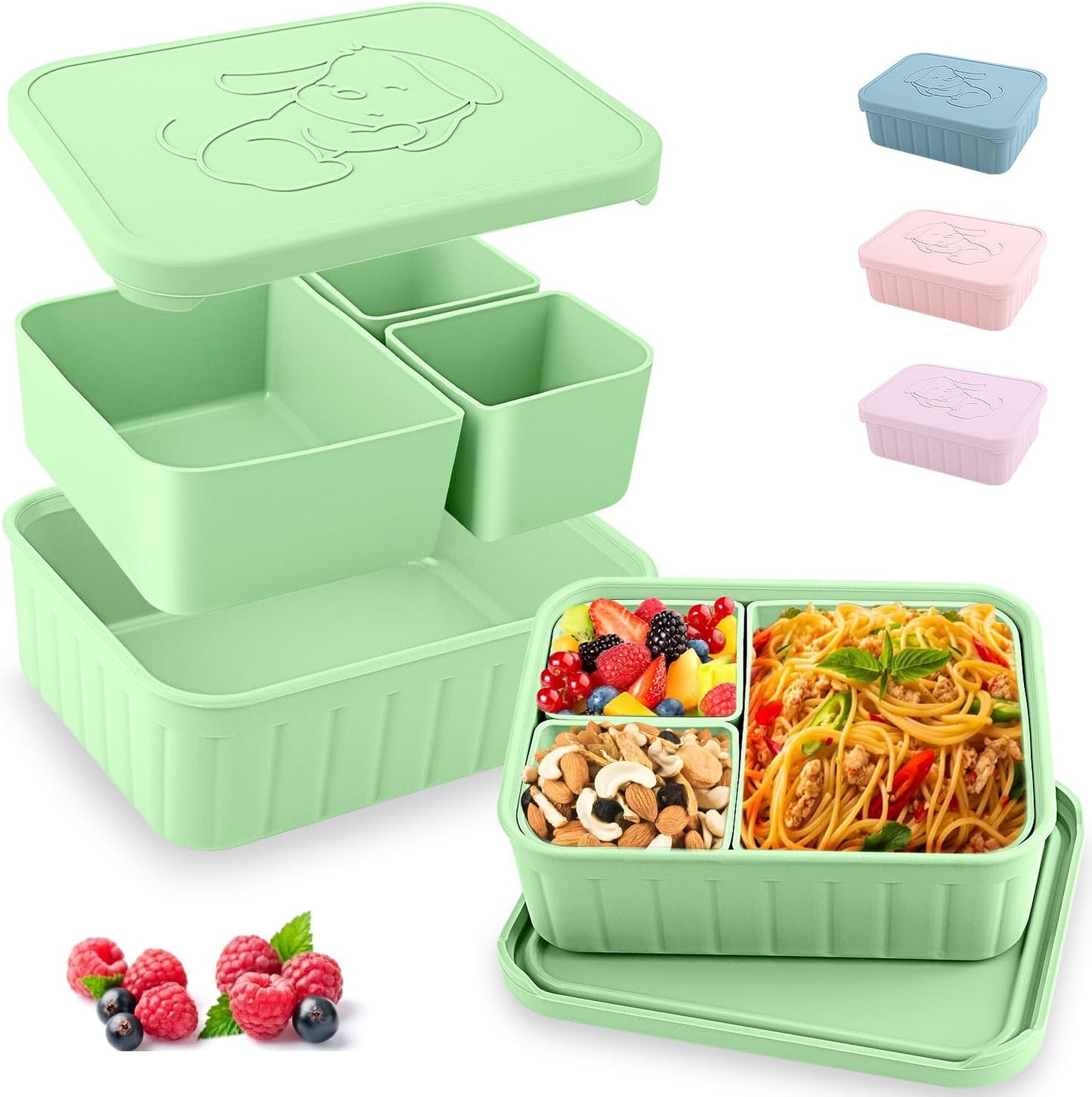 Bento Lunch Box for Kids-Reusable Silicone Kids Bento Box Lunch Container Leakproof Lunchbox Meal Prep Food Storage Containers with 3 Removable Compartments–Dishwasher Safe/BPA Free/Portion Control