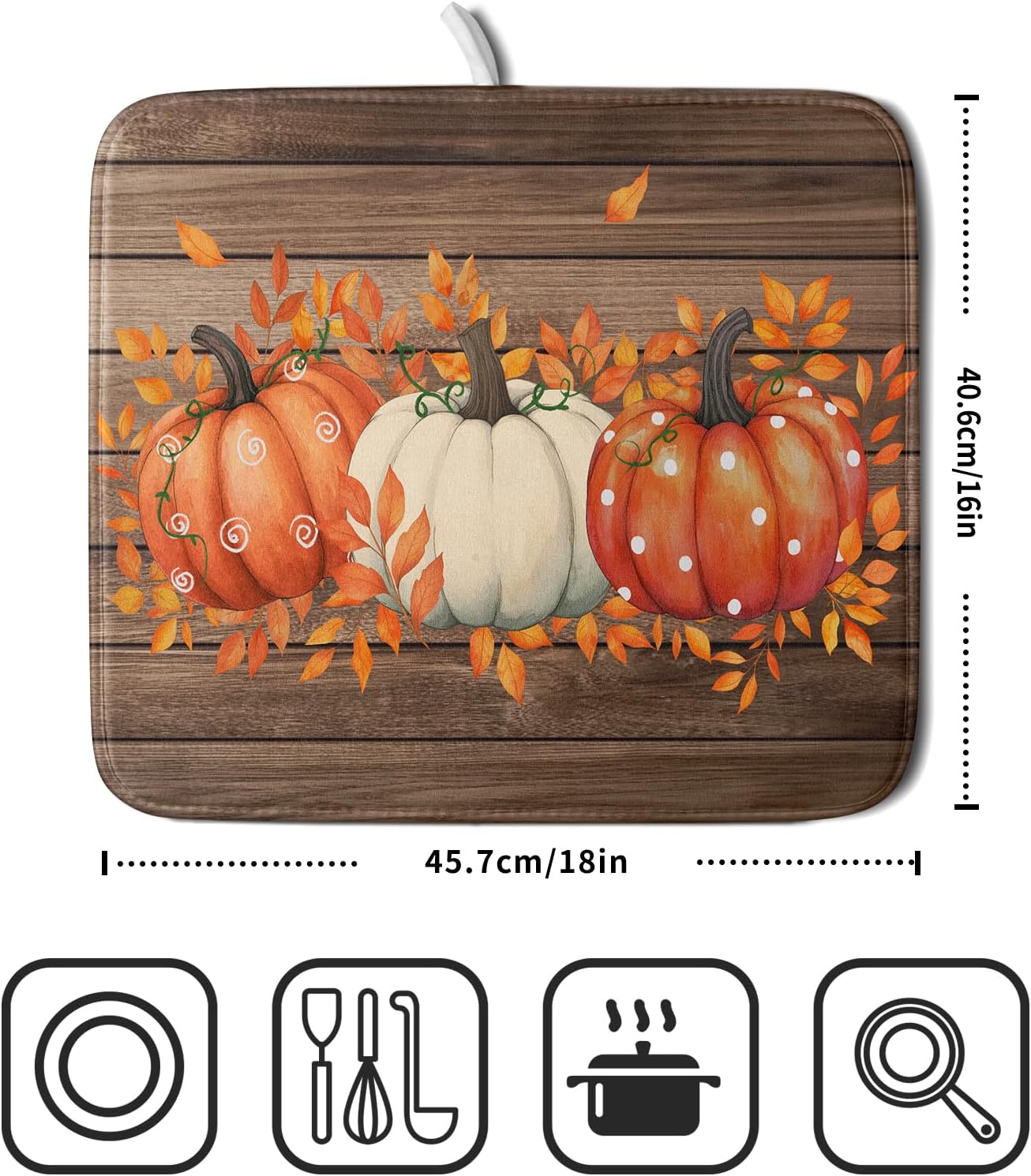 Autumn Pumpkin Dish Drying Mat Rustic Wood Dish Drainer Mats Fast Dry Microfiber Reversible Dish Drying Pad Kitchen Decoration 16x18 inch