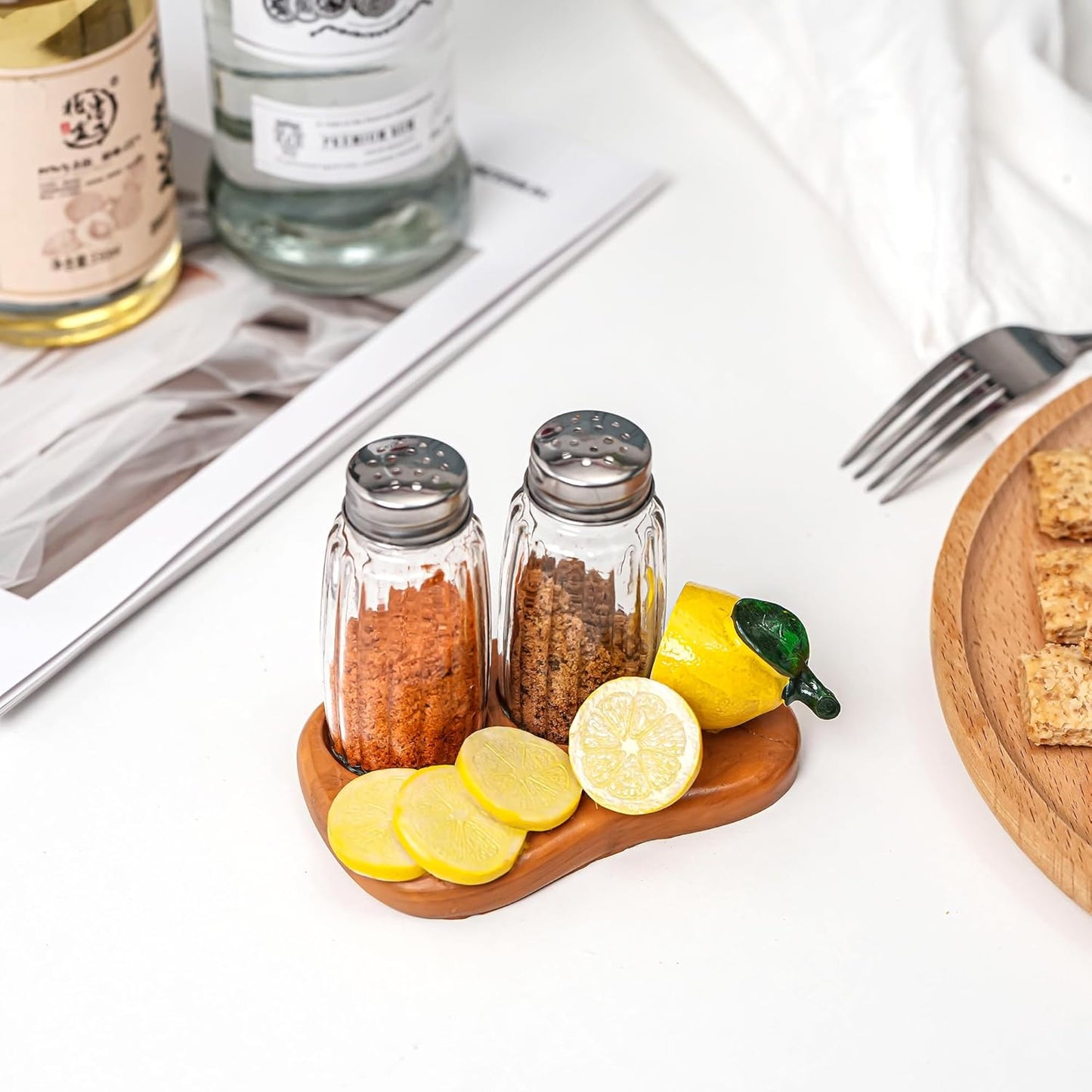 Lemon Decor Salt And Pepper Dispenser Shaker Holder for Kitchen DéCor - with Lemon Figurine And Statues Holder - Includes Glass Spice Jars