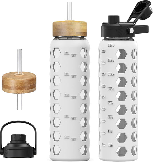 MUKOKO Glass Water Bottles, 32oz Glass Tumbler with Straw, Drinking Bottles with 2 Lids-Handle Spout Lid&Bamboo Straw Lid, Motivational Water Bottle with Time Marker and Silicone Sleeve, 1 Pack-White