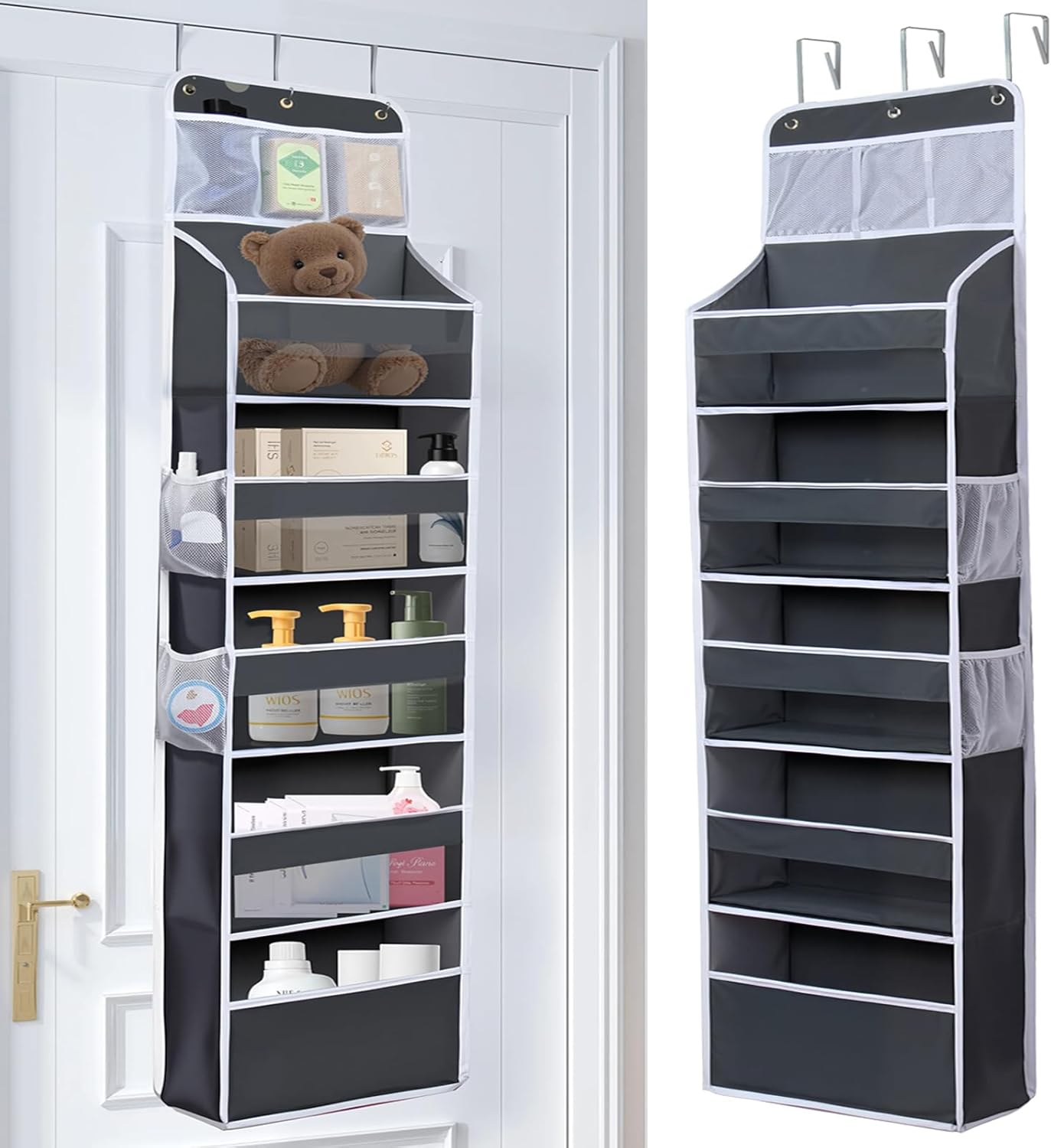 Over The Door Organizer - 6 Capacity Large Pockets & 7 Mesh Compartments, Anti-Tilt Design Holds 44 lbs, for Bathroom, Nursery, Dorm, Pantry & Laundry Storage (Deep Grey)
