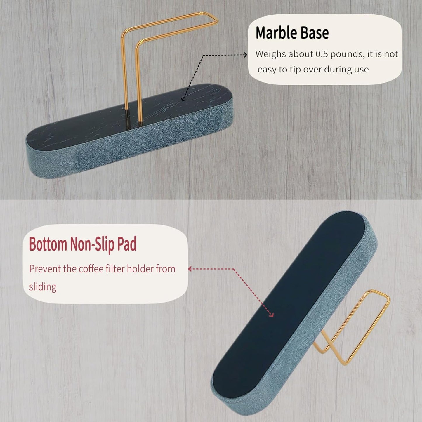 Cone Coffee Filter Holder for Counter, Coffee Filter Storage Container for Cone Paper Filters Size #01 ＆ #02, Marble Base with Non-Slip Pad (Black)