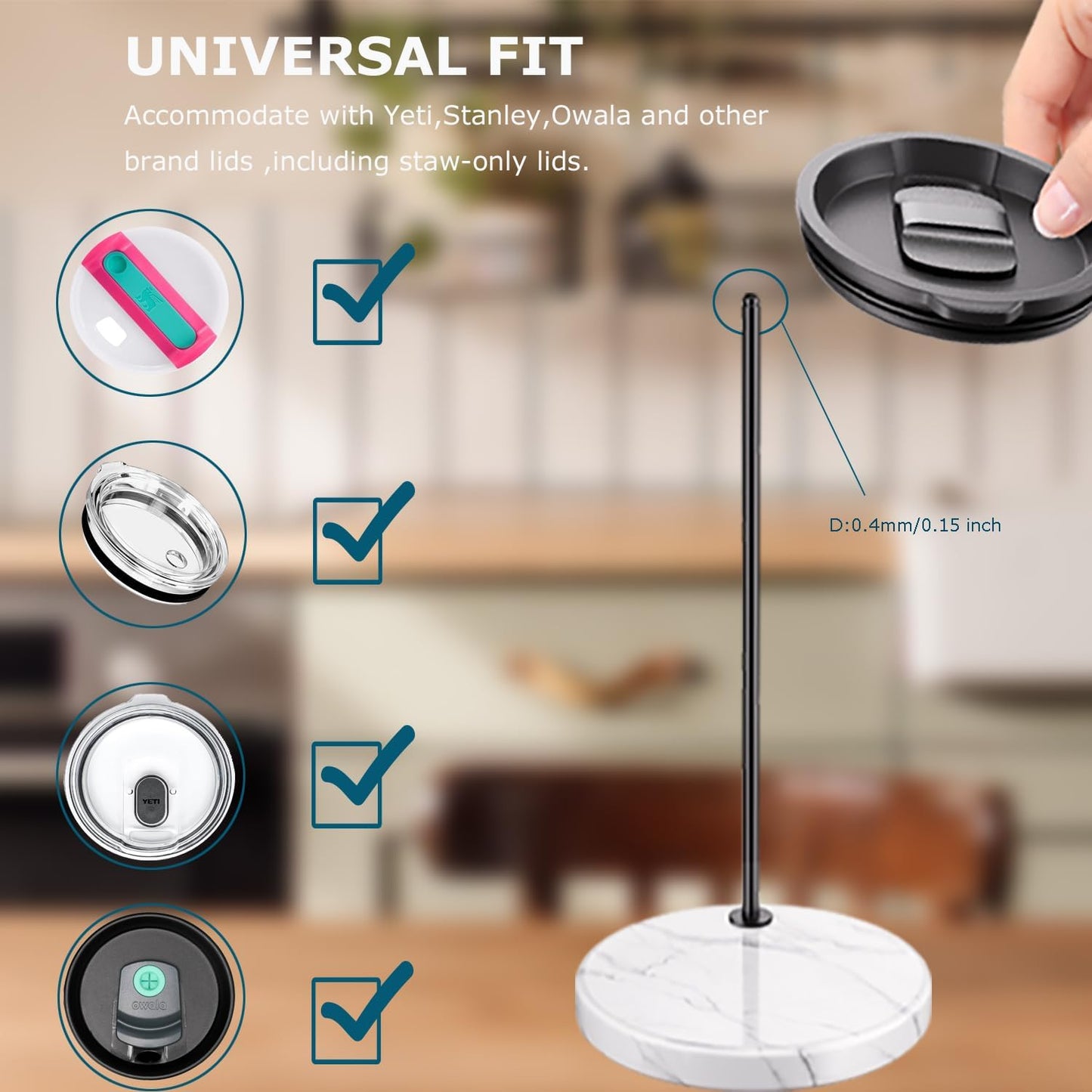 Stainless Steel Tumbler Lid Organizer With Marble Base for Stanley Cup/Yeti - Space-Saving Vertical Stacker for Up to 10 Lids, Clutter-Free Kitchen Cabinets and Countertops (Gold)