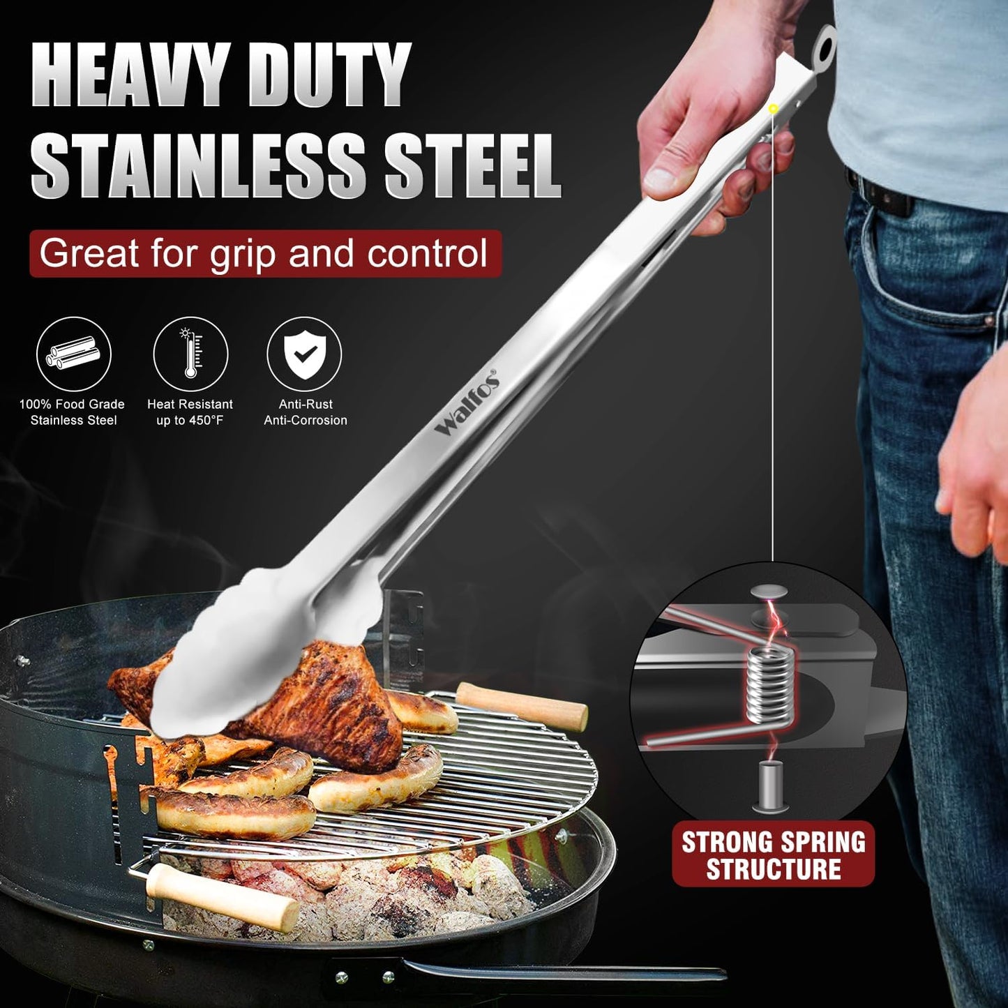 Tong for cooking, Walfos kitchen tongs set of 2 - Heat Resistant 600℉, Heavy Duty Locking Metal cooking Tongs, Stainless Steel BBQ Grilling,(All Metal 12in+16in)