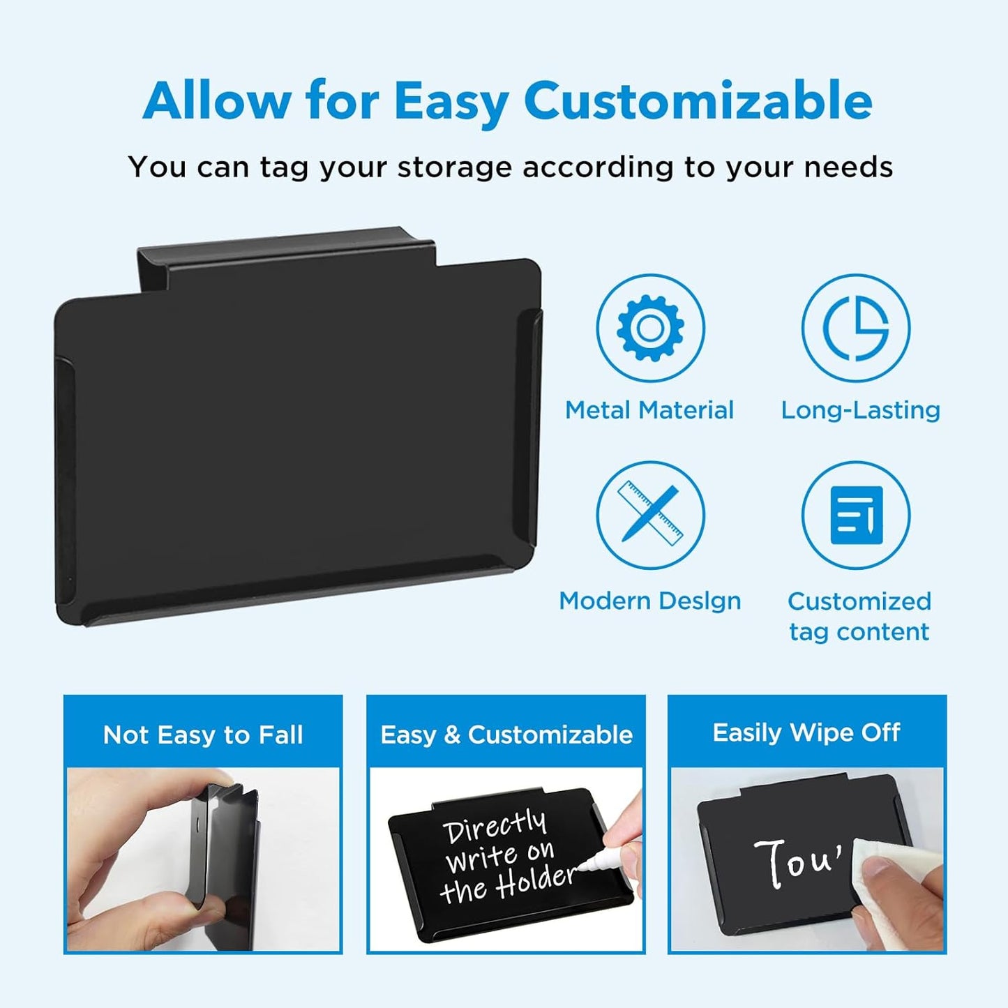 Metal Pantry Baskets Labels Clip On for Storage Bins | Edge Fold-Cream (Edge Fold-Black, 18 Metal Label Clip)