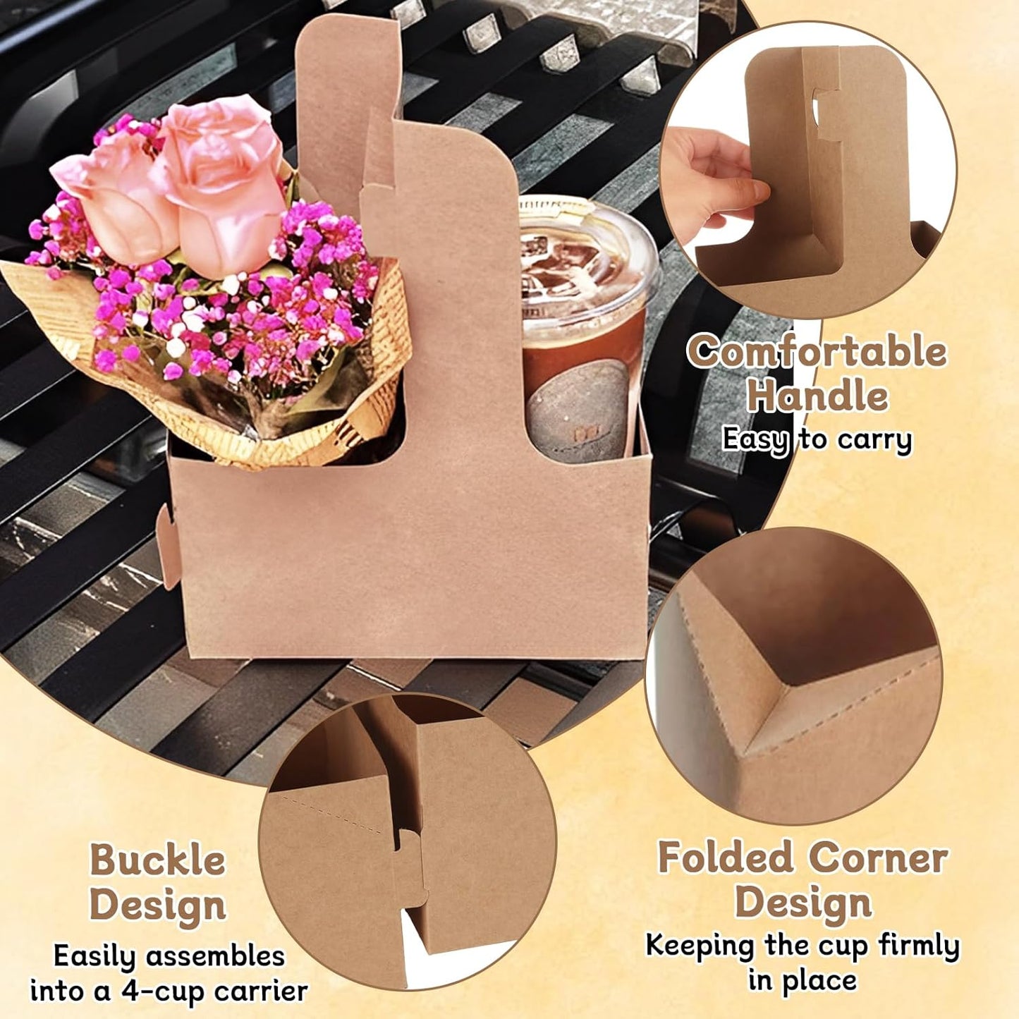 50PCS 2 Cup Drink Carrier with Handle (2 or 4 Cup), Assemblable Drink Holder for Hot or Cold Drinks, Paperboard Coffee Cup Holder for All Your Drink and Food Delivery,Coffee Carrier