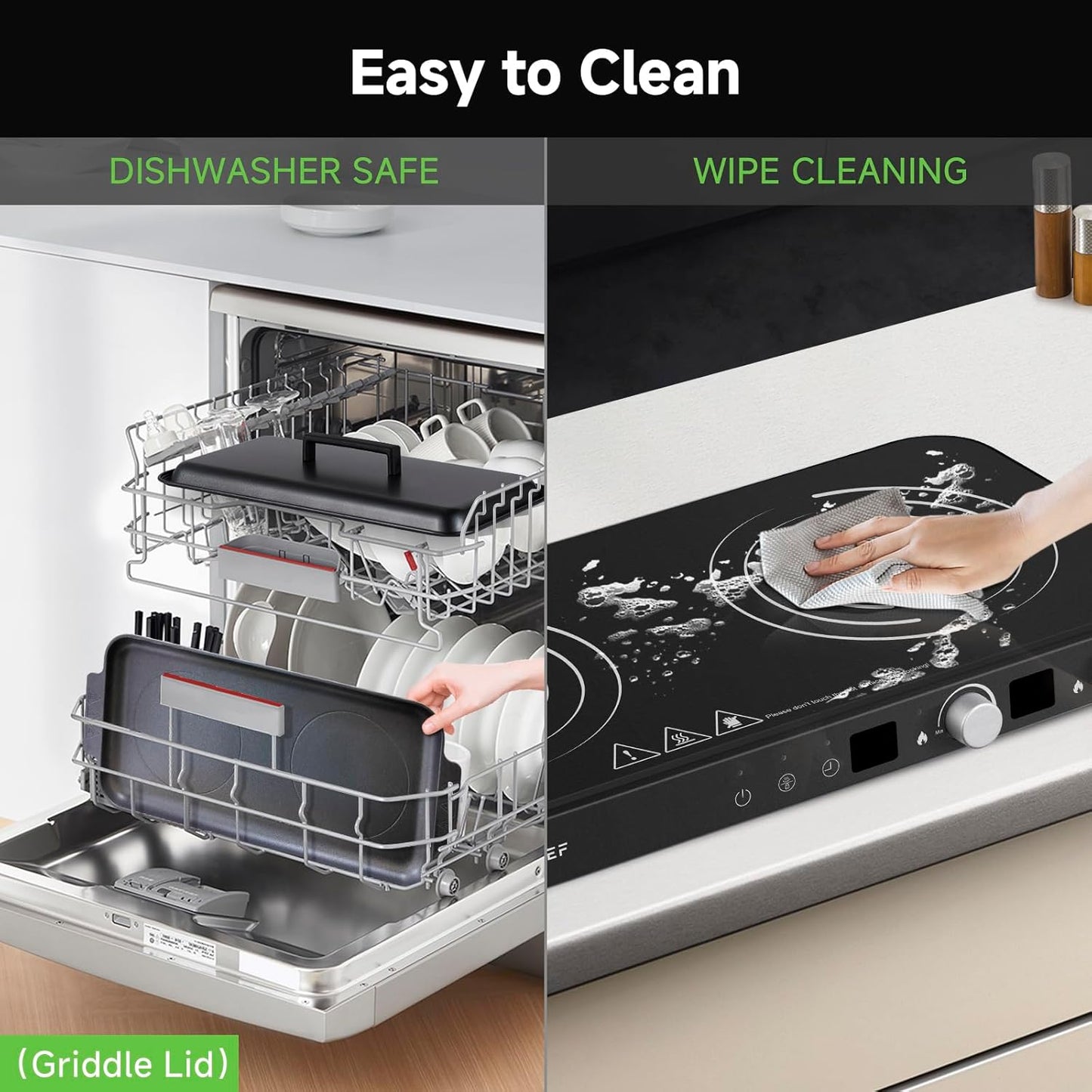 AMZCHEF Double Induction Cooktop with Removable Griddle Pan Non-stick, 1800W 2 burner Portable Induction Stove With Sensor Touch 9 Power Levels, 99 Min Timer, Black