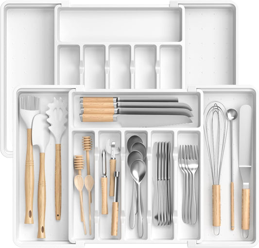 Large Silverware Organizer,Expandable Utensil Drawer Organizer,BPA Free Utensil Holder,Adjustable Silverware Tray Cutlery Drawer Organizer for Kitchen Flatware,Large,White,2 Pack