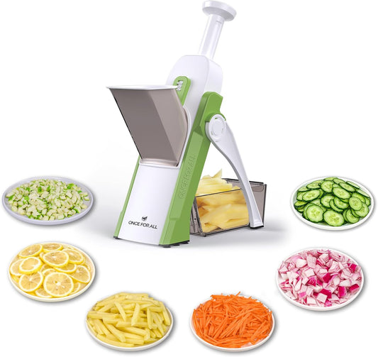 ONCE FOR ALL Safe Mandoline Slicer, Multi Vegetable Chopper, Potato Slicer for Kitchen, 4 Modes 100+ Presets Adjustable Thickness, French Fry Cutter (5 in 1 Green)