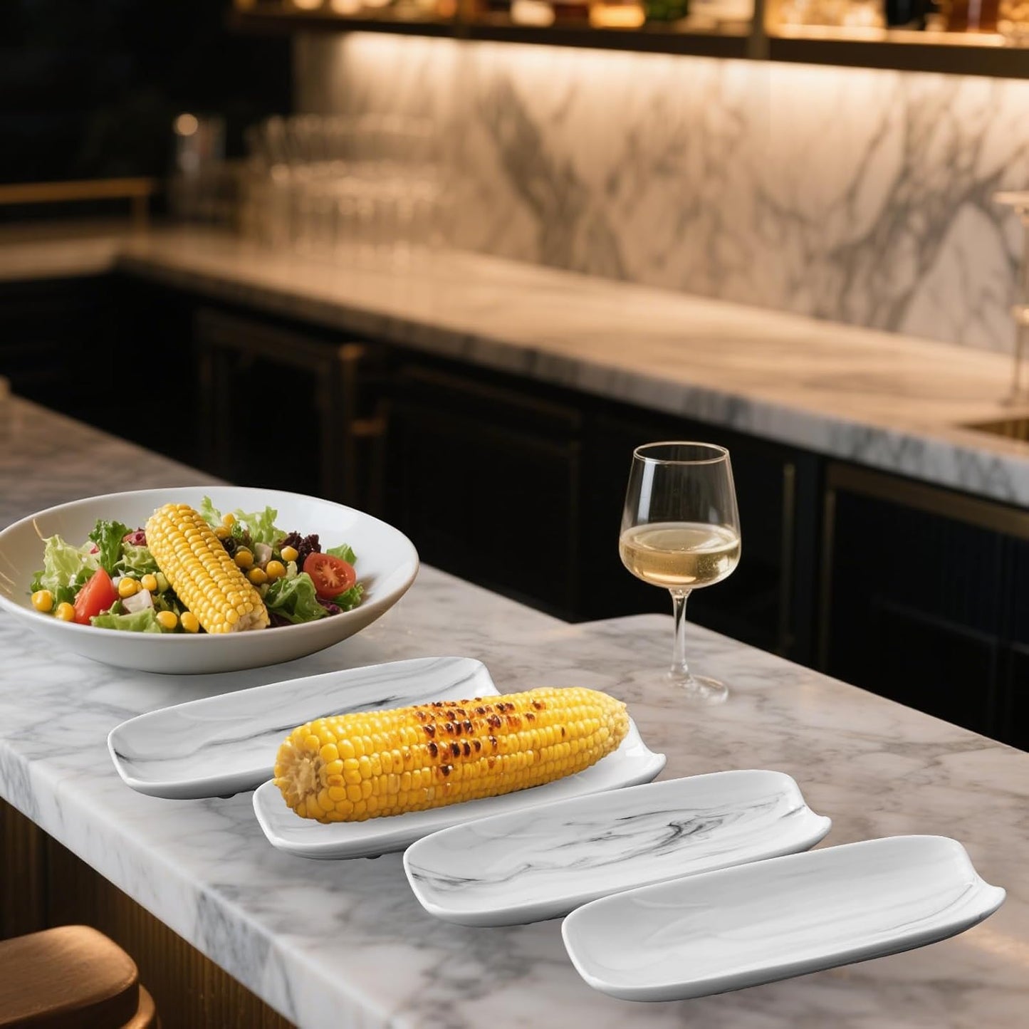 Cinf Ceramic Corn Cob Holders 8.8" Corn Dishes Set of 4 Trays Non-slip Bottom Microwave Dishwasher Oven Safe (Marble Pattern)