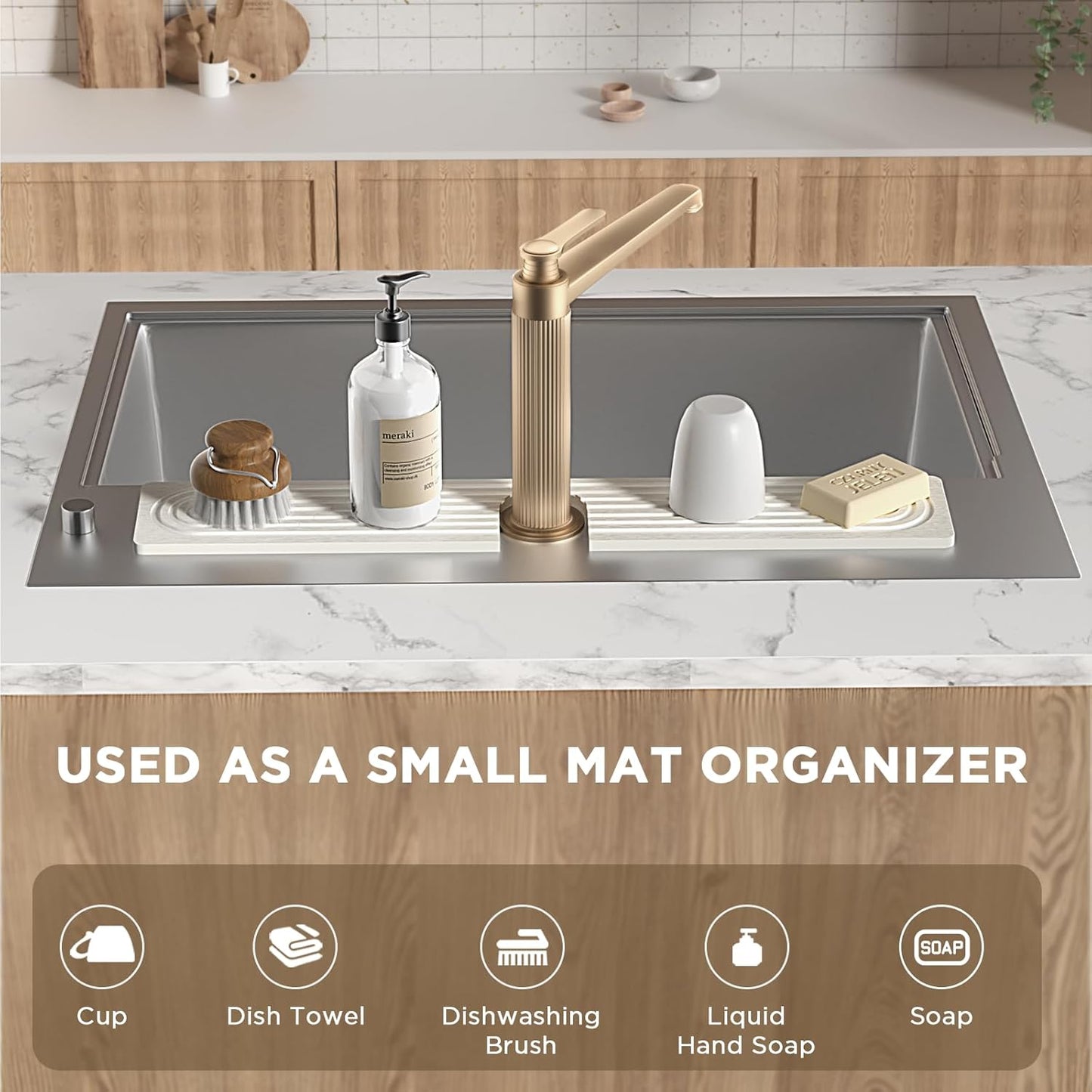 Faucet Mat for Kitchen Sink, Diatomite Stone Drying Sink Protectors, Bathroom Faucet Splash Guard, Quick Dry Water Absorbing, Non-Slip Stone Tray for Kitchen Counter, White, 23.6" x 3.9"