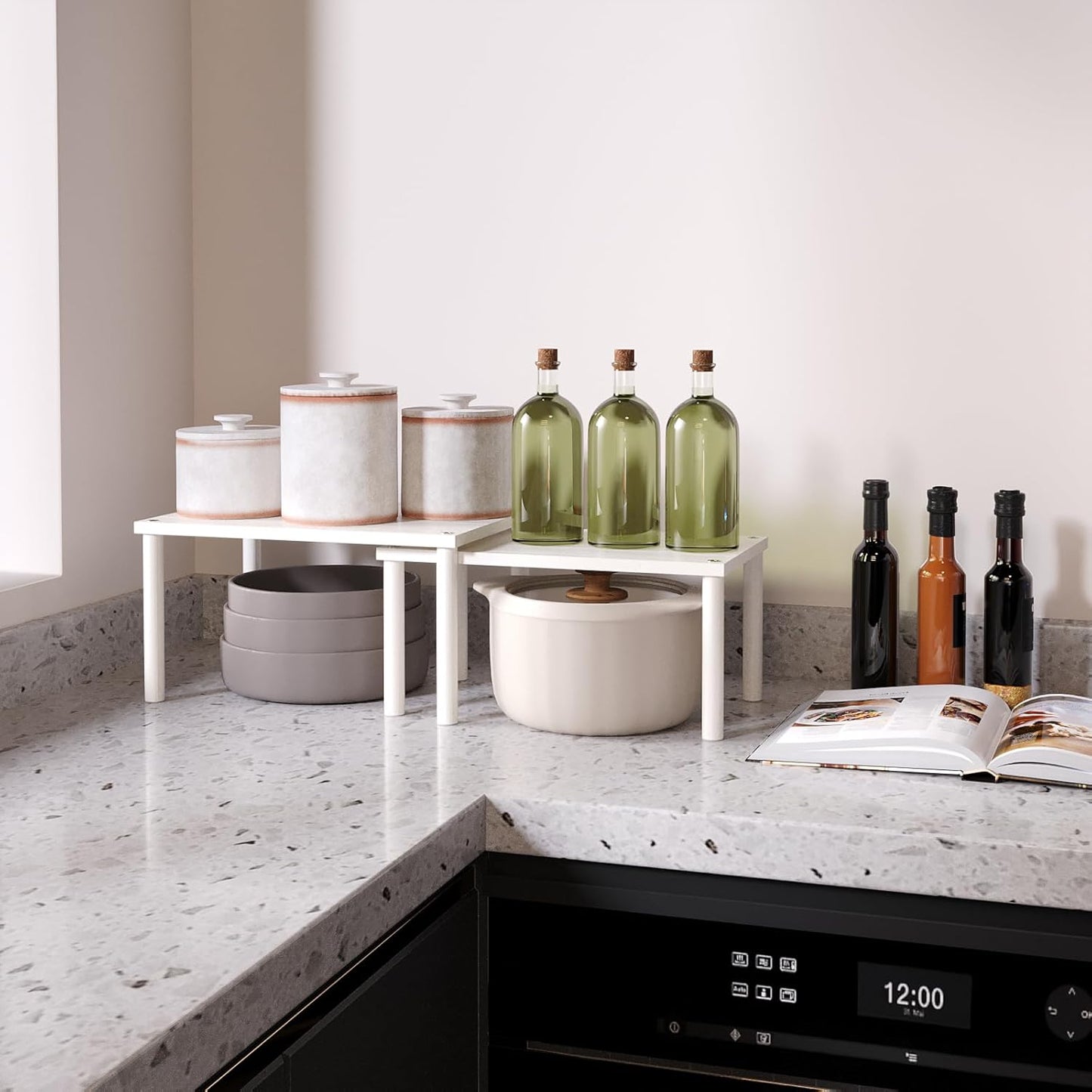 Cabinet Organizer Shelf(Set of 2),Kitchen Counter Shelves,Bamboo Spice Rack Countertop and Cabinet,Stackable Expandable,Medium,(White)