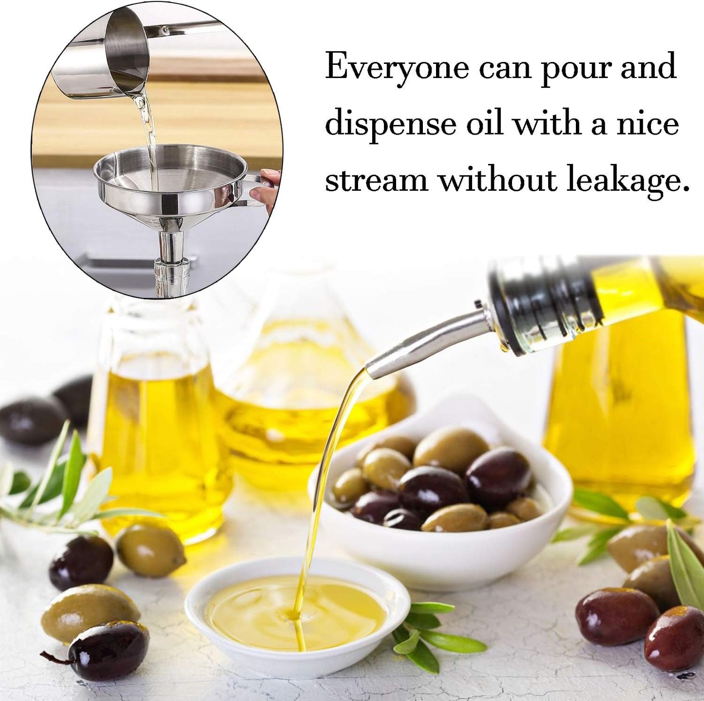 LanMa Olive Oil Pour Spout Stainless Steel Bottle Spout for Pours Liquor Vinegar Syrup or Oils with Stainless Steel Funnels (2pcs)