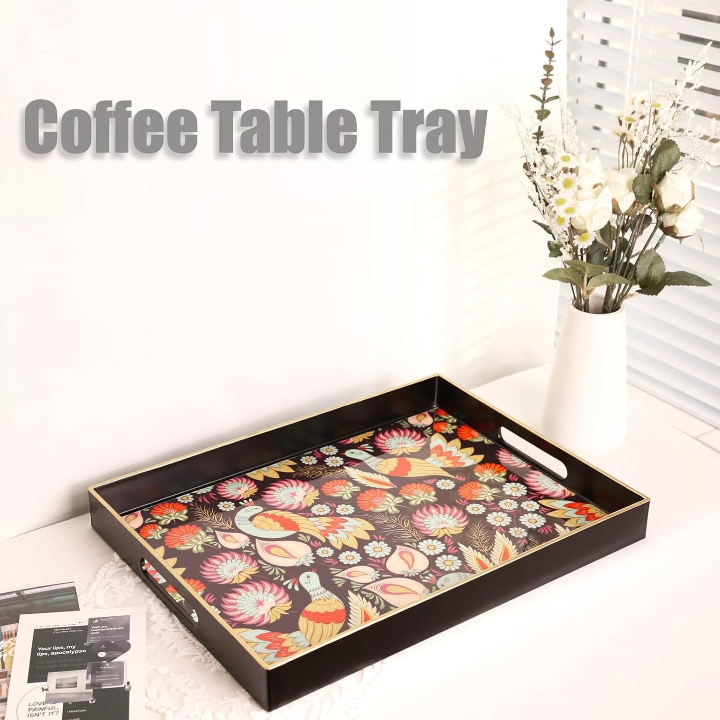 Spsyrine Decorative Serving Tray with Handles, Black Lacquered Coffee Table Tray for Ottoman, Rectangle Waterproof Platters for Centerpieces, Parties, Living Room, Kitchen Counter Organization Peacock