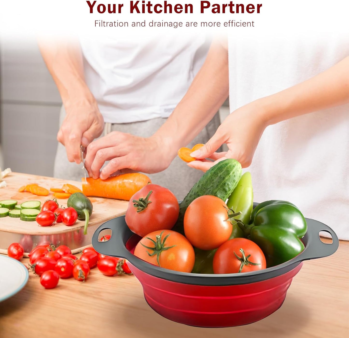 Collapsible Colander Set of 2 Silicone Kitchen Strainer Set, Perfect for Draining Pasta, Vegetable and fruit for Kitchen and Travel Use (Red)