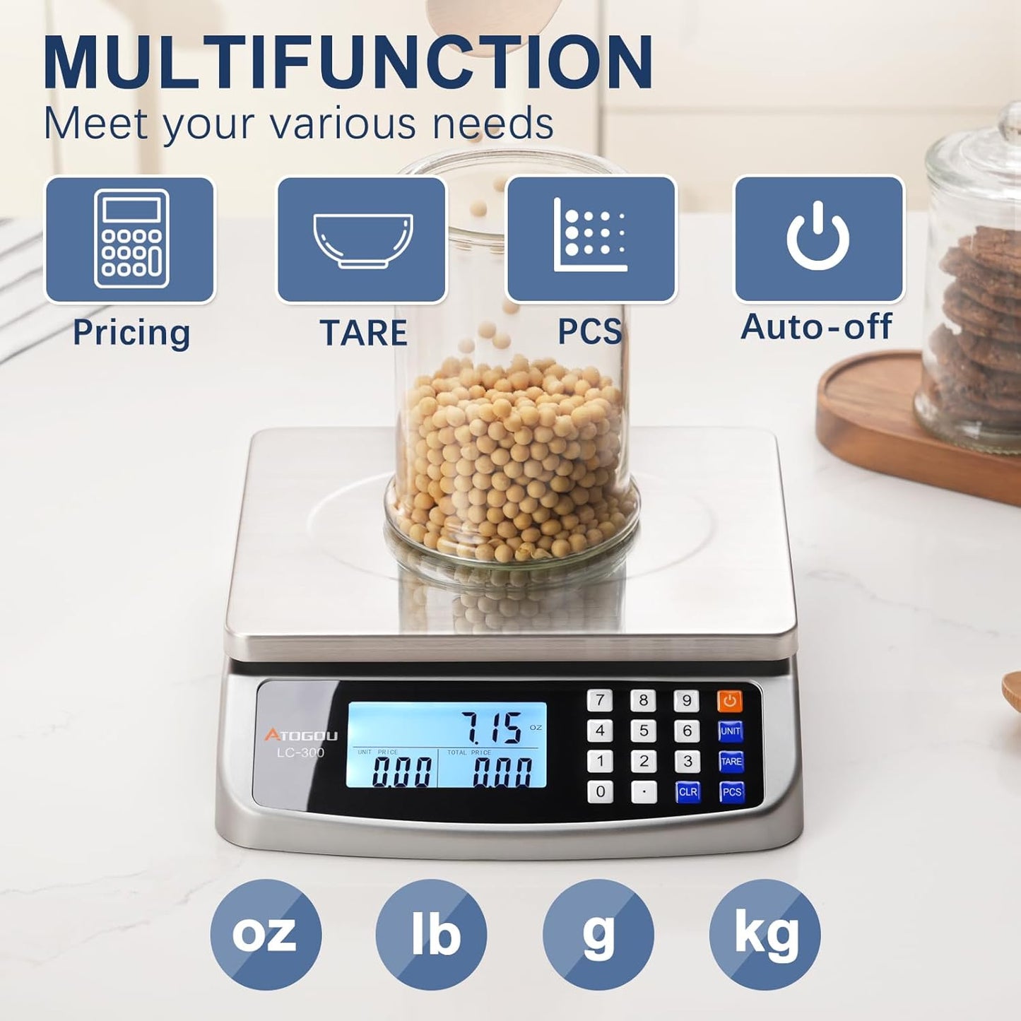 66lb Food Scale, Commercial Kitchen Scale with Price Computing, Plug-in Usable, 0.05oz/1g, 304 Stainless Steel, for Cooking, Vegetables, Farm, Industry, Counting. LC300 Grey