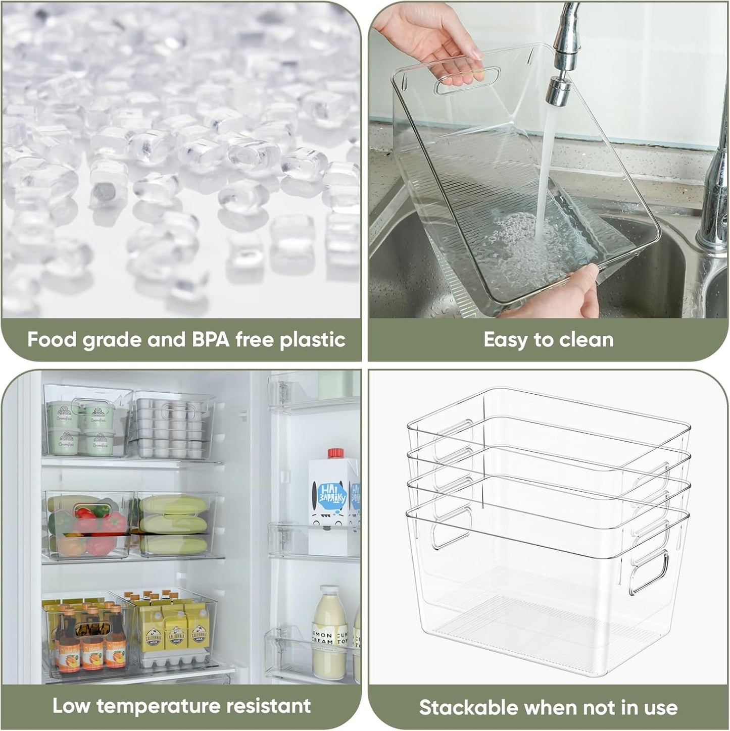 BALEINE Clear Plastic Storage Bins, Pantry Organization, BPA Free Stackable Refrigerator Organizers and Storage with Handles for Kitchen Fridge Cabinet Bathroom (8PK, 11x7.5x6)