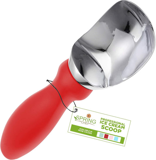Spring Chef Red Heavy Duty Ice Cream Scoop - Stainless Steel Ice Cream Scooper with Non-Slip Handle - Premium Metal Kitchen Tool for Gelato, Sorbet, Melon - Dishwasher Safe Icecream Spoon