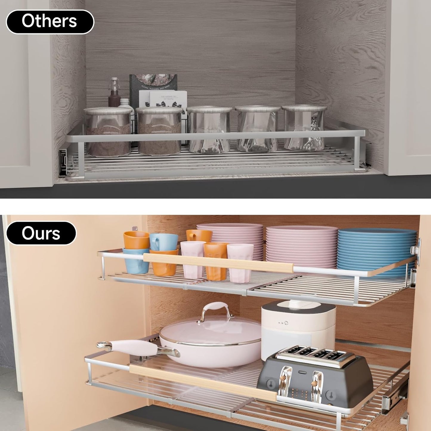 1Pack Expandable Pull Out Cabinet Organizer, Slide Out Drawers for Kitchen Cabinets, Heavy Duty Drawer Slides for Home Kitchen Pantry Cupboard Pots Pans, Adjustable Width 23.2"~39.9" W x 22.5''D