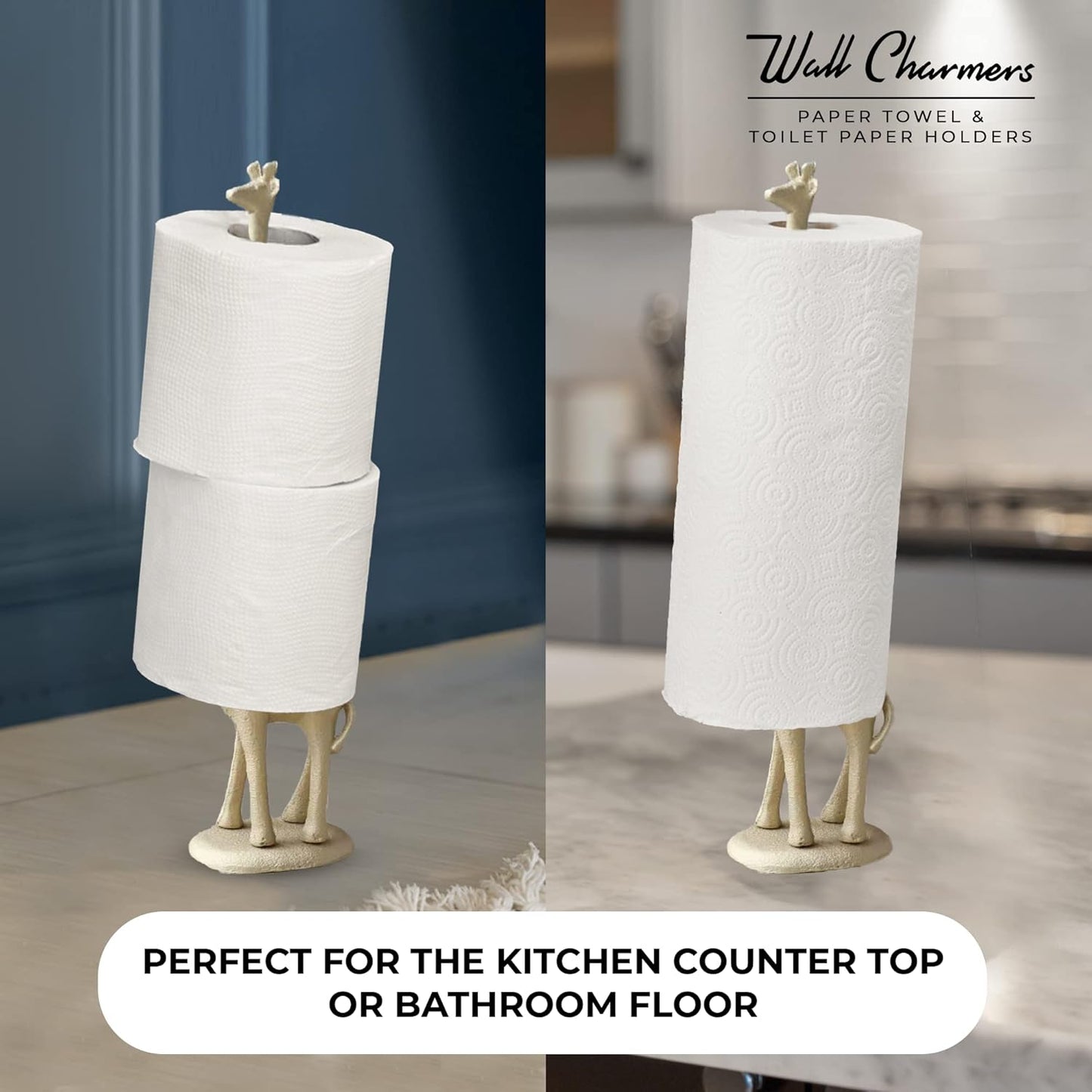 WallCharmers Gold Paper Towel Holder, Metal Toilet or Kitchen Paper Holder for Floor or Countertop, Gold Giraffe