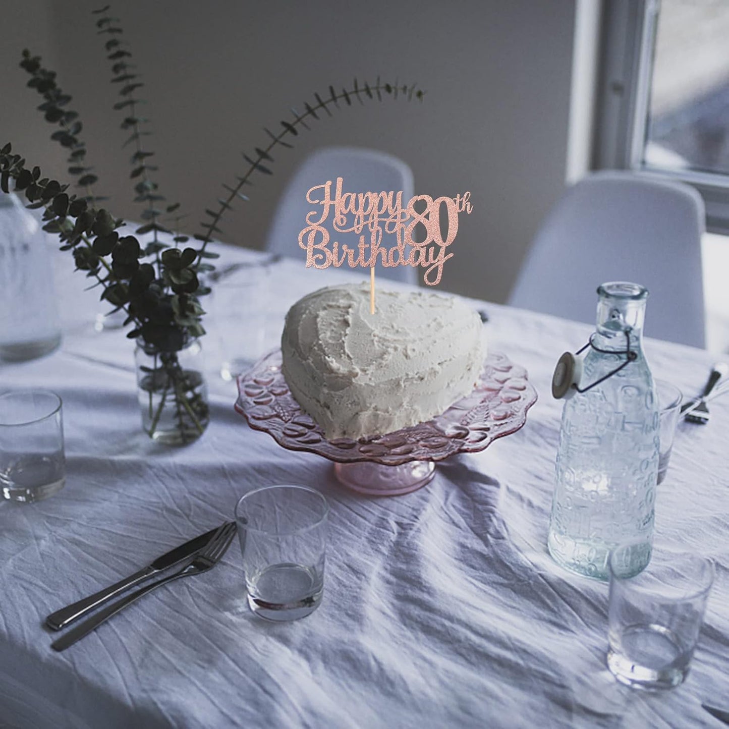 1 PCS Happy 80th Birthday Cake Topper Glitter Cheers to 80 Years Birthday Cake Pick 80 Fabulous Cake Decoration for Happy 80th Birthday Theme Party Decorations Supplies Rose Gold