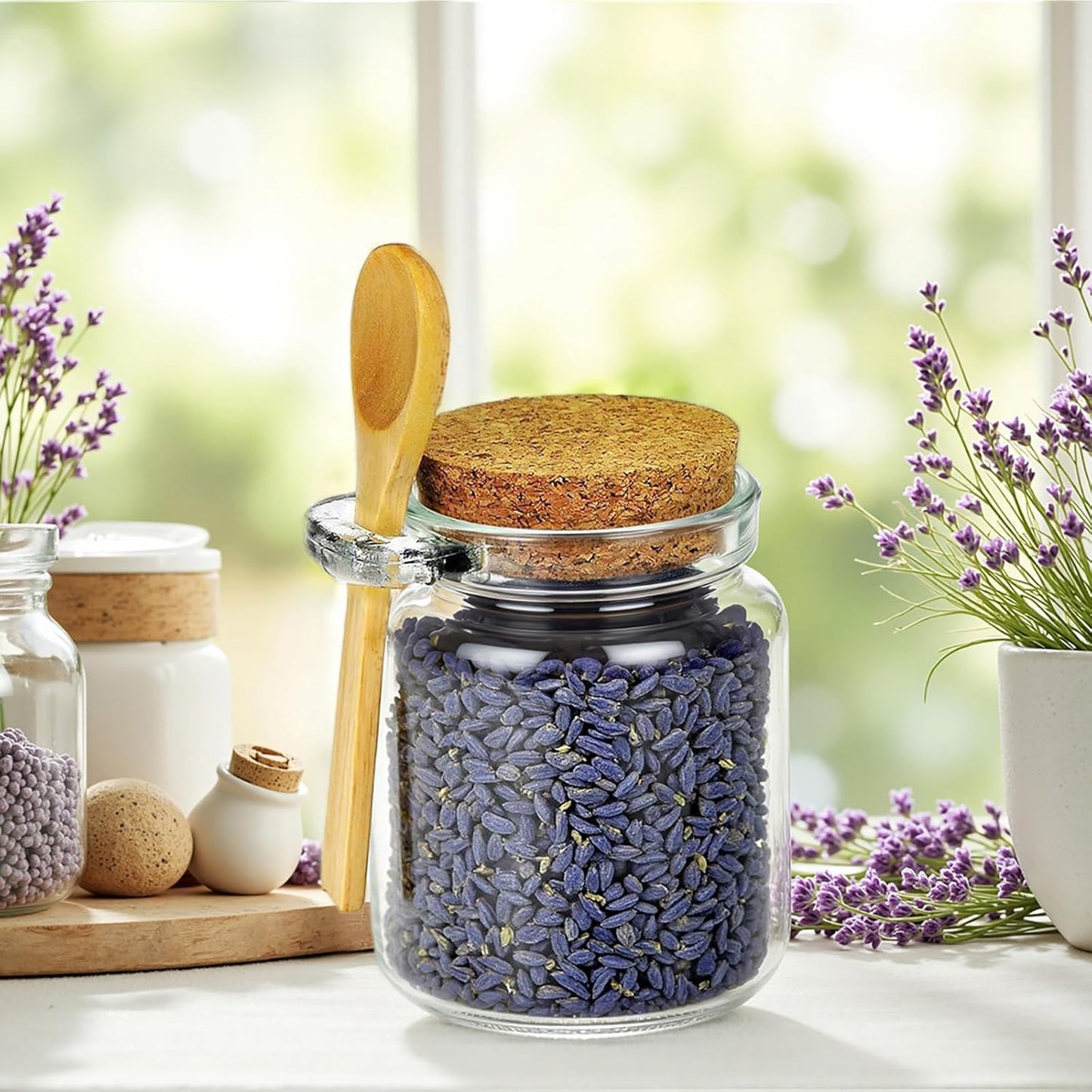 Ahhute Glass Sugar Scrubs Jars, Bath Salt Container 8oz, Salt Cellar with Spoon, Honey Scrubs Jars w/Lids, Labels and Cleaning Brush, Set of 12