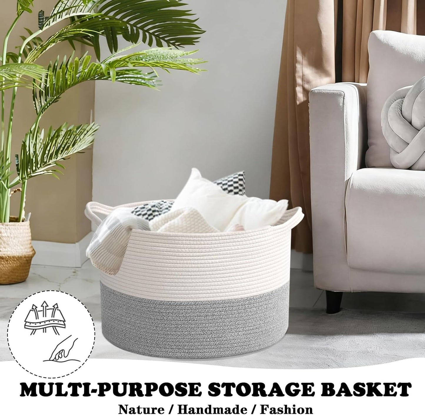 Large Blanket Basket for Organizing,115L Closet Organizers and Storage Bins Box for Shelves Woven Rope Storage Baskets,Living Room,Bedroom,Dorm,Laundry room (White&Grey)