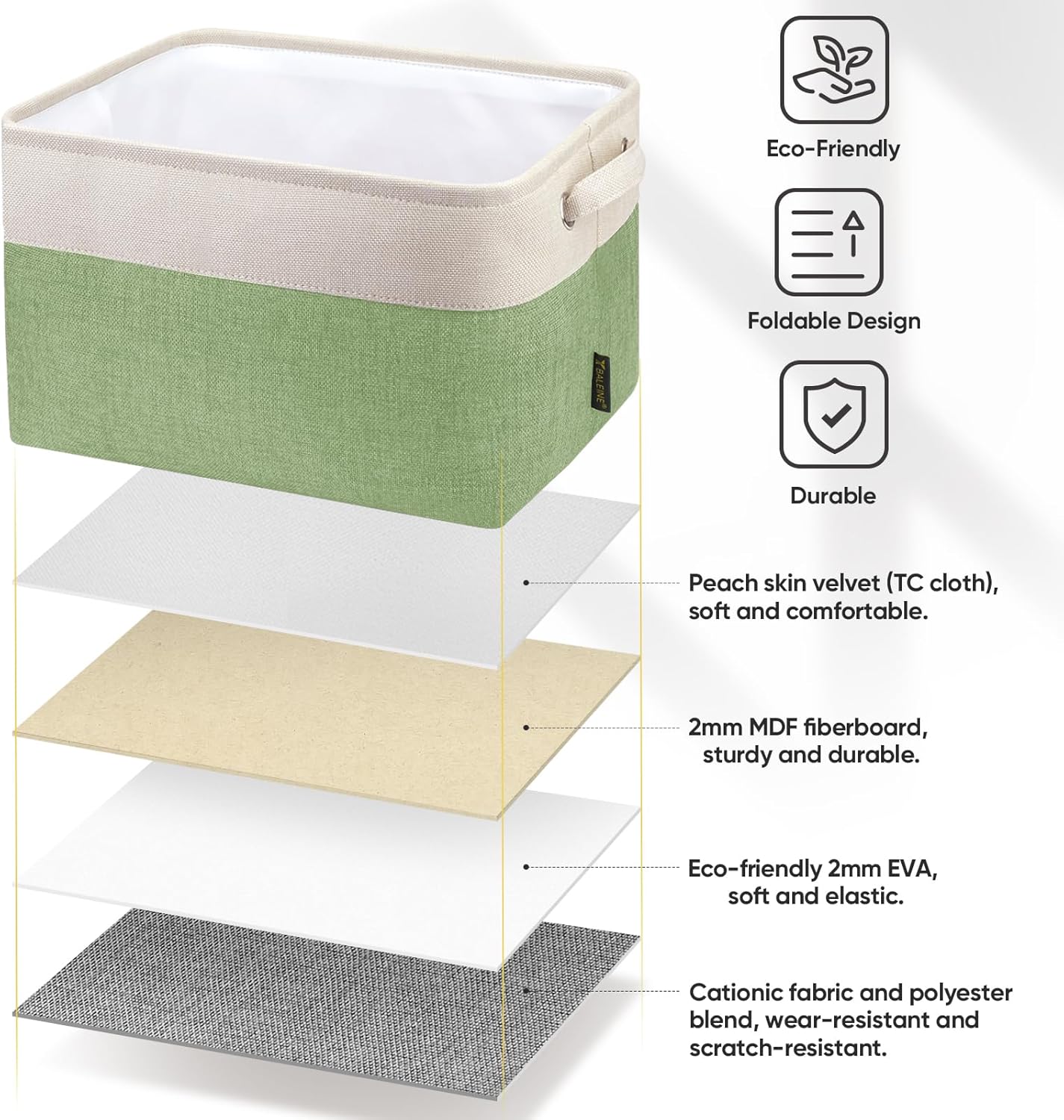 BALEINE 1 Pack Fabric Storage Bins for Shelves, Linen Storage Baskets for Organizing, Decorative Closet Bins for Clothes, Home (Green, 12"x8"x8")