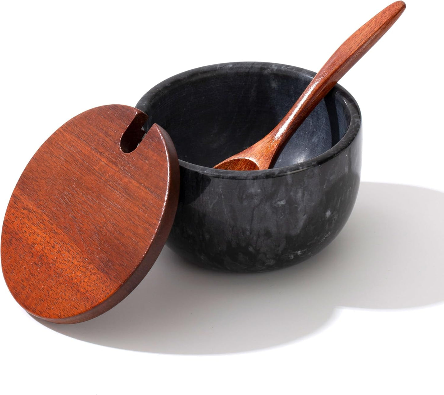 Marble Salt Cellar with Lid & Spoon, 11oz Salt and Pepper bowls, Handcrafted from Natural Marble, Smooth Inside (black bowl)