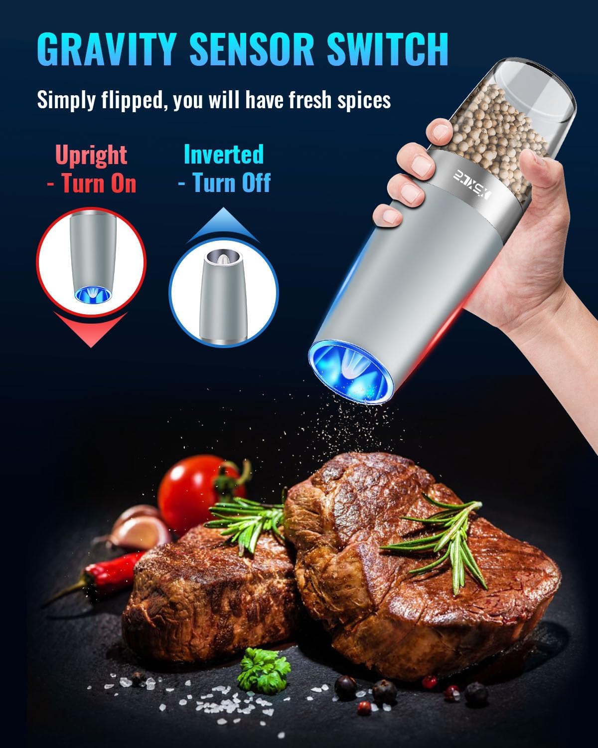 XinXu Gravity Automatic Electric Pepper and Salt Grinder, Auto Salt or Pepper Mill Shaker Stainless Steel,Blue LED Light,One Hand Operated, LightGrey