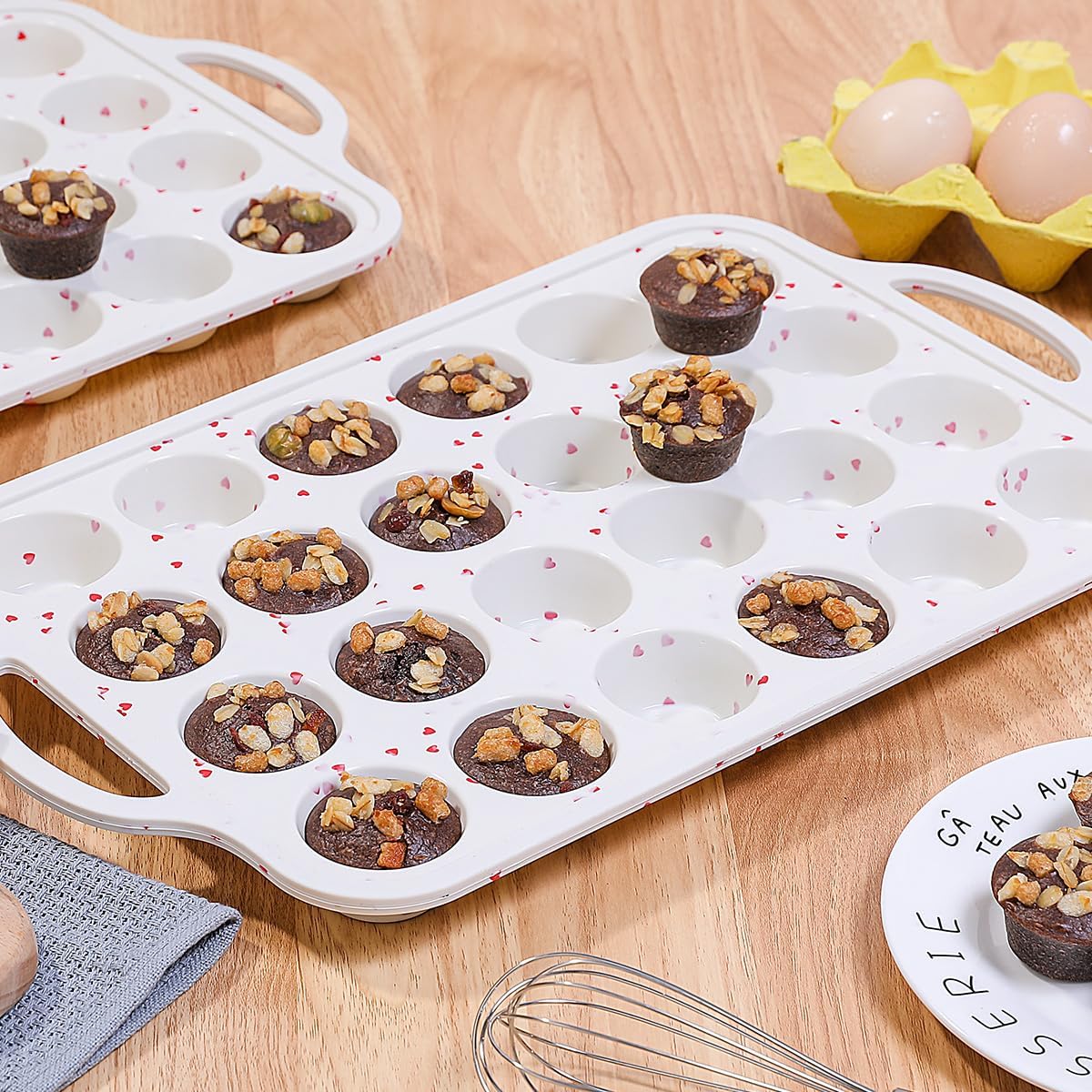 Mini Cupcake Pan, Metal Reinforced Frame Silicone Mini Muffin Pan Nonstick 24 Cups with Handle for Valentine's Day Baking Muffins, Cupcakes, Egg Bites 1 Pack