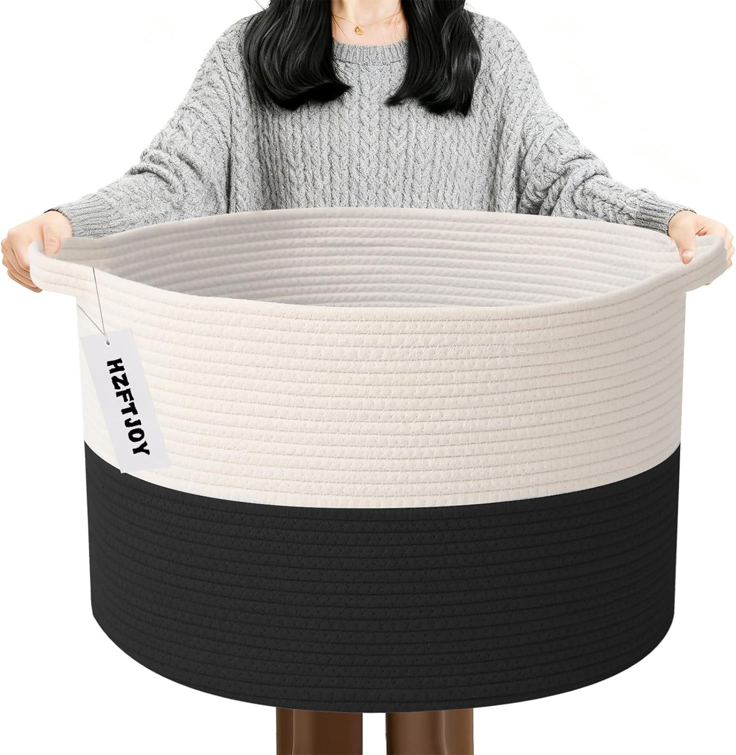 Large Blanket Basket for Organizing,65L Closet Organizers and Storage Bins Box for Shelves Woven Rope Storage Baskets,Living Room,Bedroom,Dorm,Laundry room (White&Black)