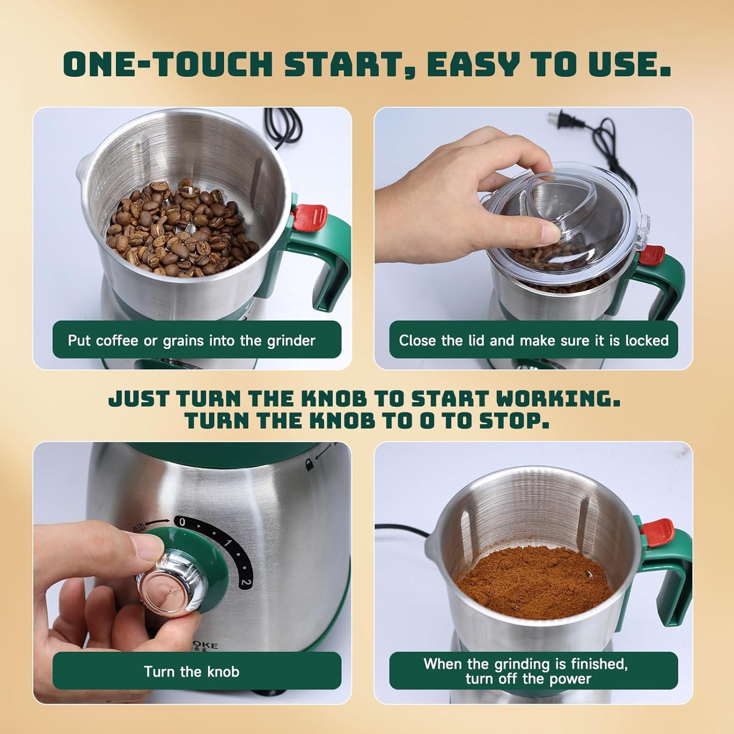 Electric Spice and Nut Grinders - 3 Stainless Steel Blades, 1 Filter, 1 Brush - 500W Grinder for Kitchen Dry Use (Green）