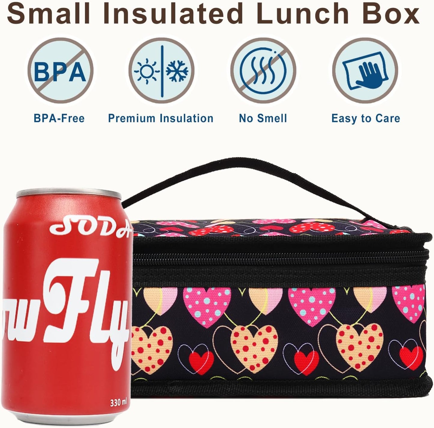 FlowFly Small Lunch box Insulated Soft Bag Mini Cooler Back to School Thermal Meal Tote Kit for Kids, Girls, Boys,Women,Men, Heart