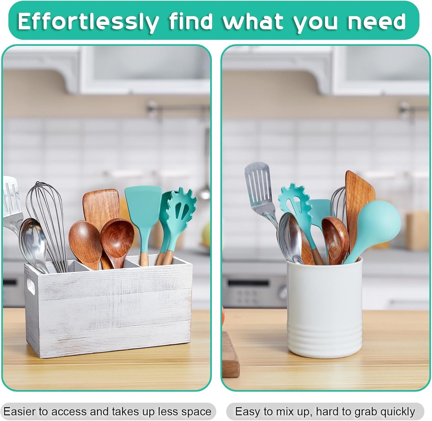 ALELION Rustic White Utensil Holder with Removable Divider - 3 Compartment Wooden Utensil Caddy Organizer for Kitchen Counter - Cooking Utensil Crock for Countertop