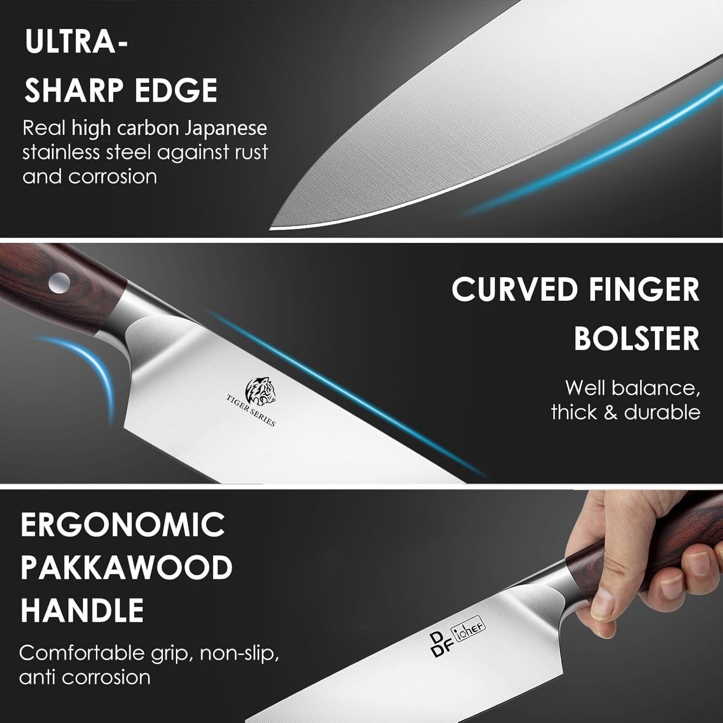 DDF iohEF Chef Knife Sharp Kitchen Knife 8 inch Japanese Stainless Steel Professional Cutting Knife Ultra-sharp Chef's Cooking Knife with Non-slip Ergonomic Handle and Gift Box