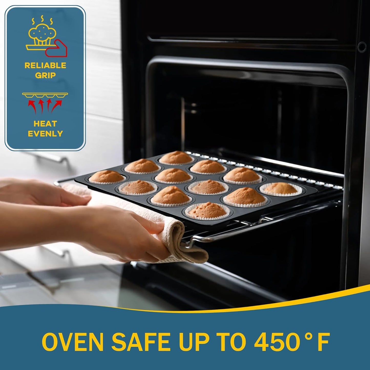 E-far Nonstick Muffin Pan 12 Cups Set of 2, Stainless Steel Muffin Tin Cupcake Pan Tray for Baking, Stainless Steel Core & Non Toxic, Easy Release & Easy Clean, Black