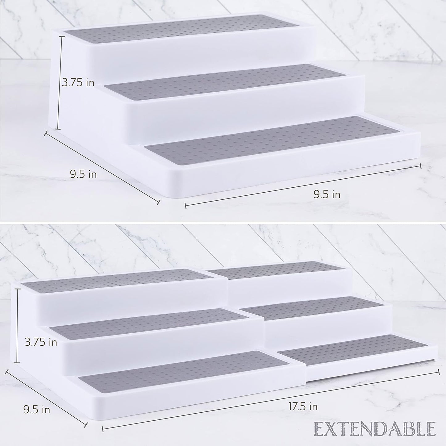 Oizeir Plastic 3-Tier Expandable Spice Rack, Adjustable Length, Stability with Non-Skid Shelf, For Easy Visibility, Organizer for Kitchen Cabinet, Pantry or Countertop, (2-Pack), White/Grey