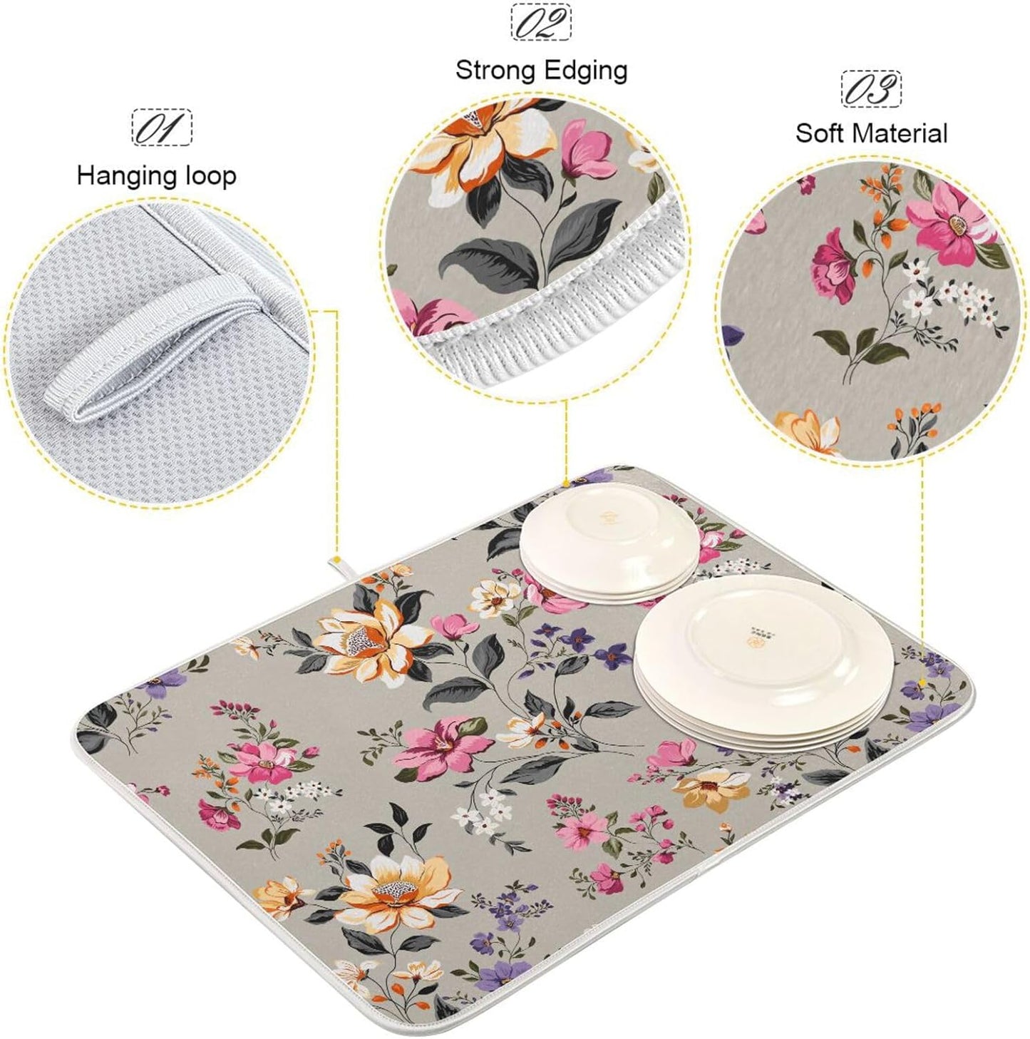 Vintage Flowers Leaves Dish Drying Mat for Kitchen Counter Absorbent Microfiber Drying Pad, Large 18x24 in, Reversible Drainer Mats