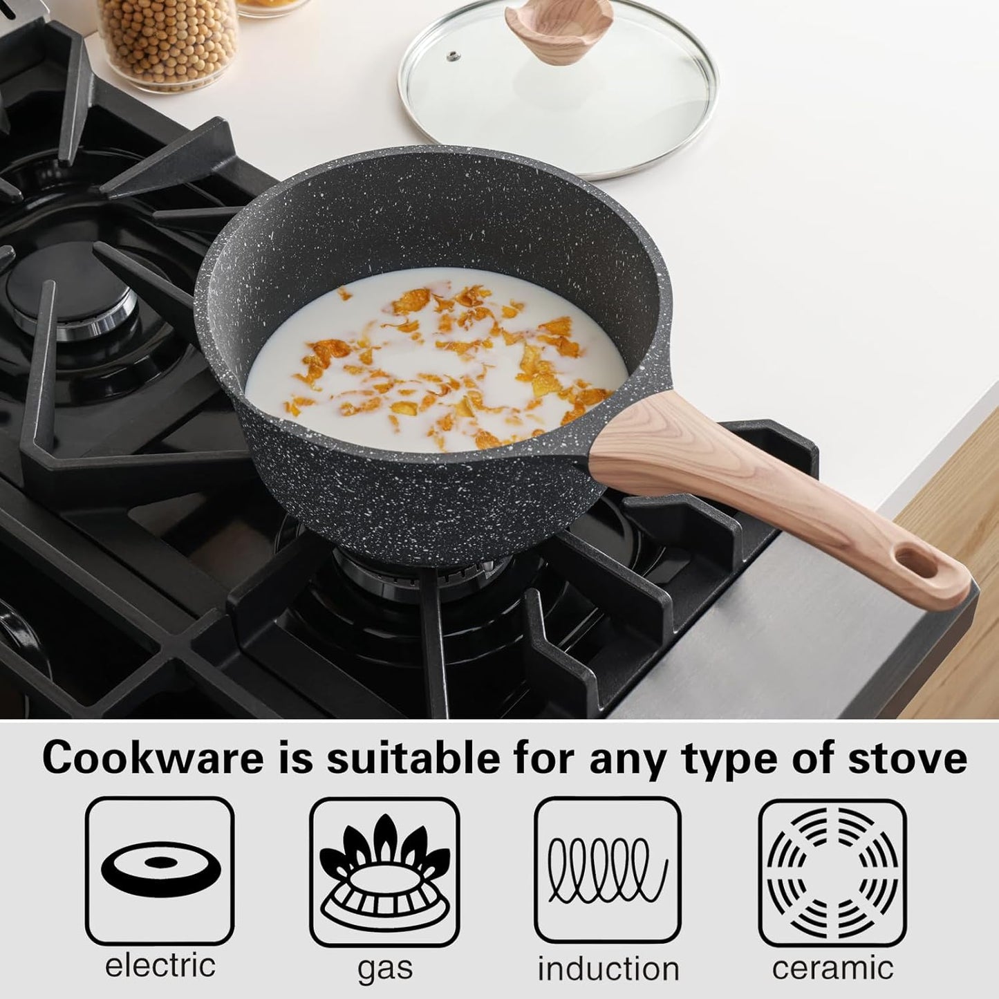 Kordisen Sauce Pan Set with Lid, 1.5QT & 2.5QT Non Stick Small Pots with Granite Coating, Saucepan with Pour Spout, Multipurpose Induction Cooking Pans, PFOA/PFOS Free