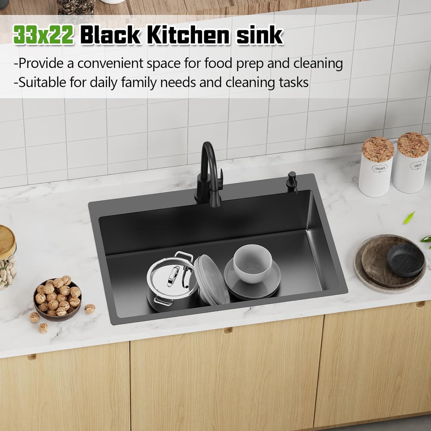 Black 33x22 Inch Stainless Steel Kitchen Sink - Drop In Modern Single Bowl Topmount Kitchen Sink With Silicon Mat,Drain Strainer Set Offering Large Basin Compatibility With Various Kitchen&Bar Style