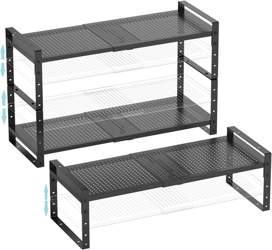 Expandable Shoe Rack Stackable Metal Pantry Storage Shelves Stand Adjustable Height Cabinet Shelf Organizer Racks Spice Shelving(3PACKS/BLACK,LARGE)