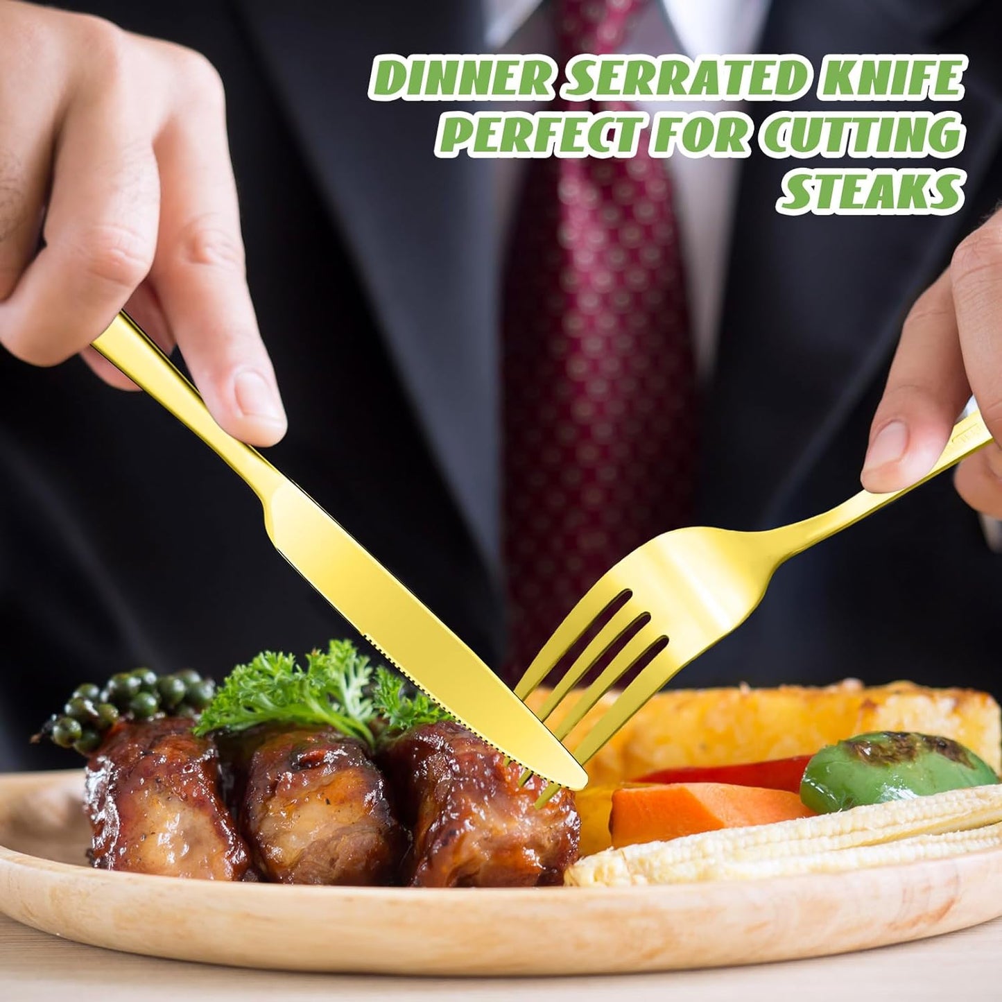 Nuenen 100 Pieces Stainless Steel forks and knives Dinner Flatware Set Tableware Cutlery for Butter Kitchen Restaurant, Dishwasher Safe(Gold,8.4 Inches, 7.1 Inches)