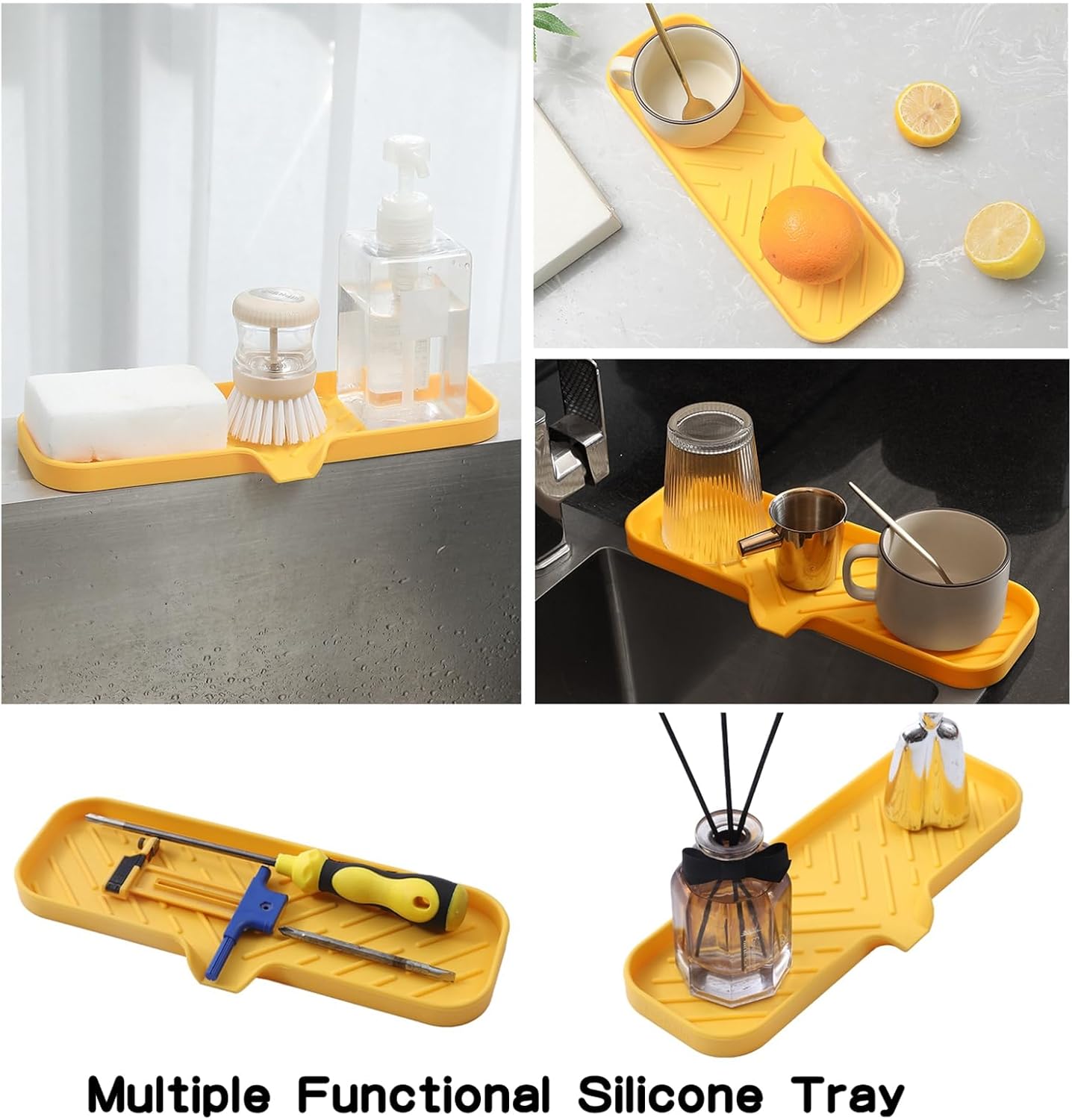 Silicone Bathroom Soap Dishes with Drain Spout-Bathroom and Kitchen Sink Organizer,Sponge Holder,Dish Soap Tray,Perfect for Dispenser,Scrubber,Bottle,Cup on Sink or Counter-Yellow 12"×4"